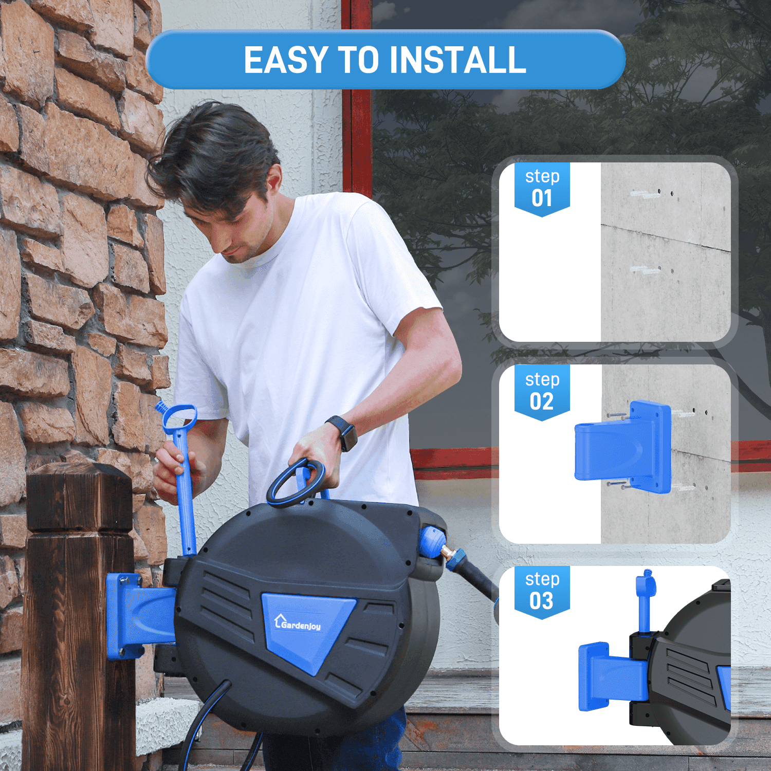 GardenJoy Blue automatic rewind hose, one-touch lock for any length, special leak-proof design, with 10-mode nozzle + 180° rotating bracket - Gardenjoy