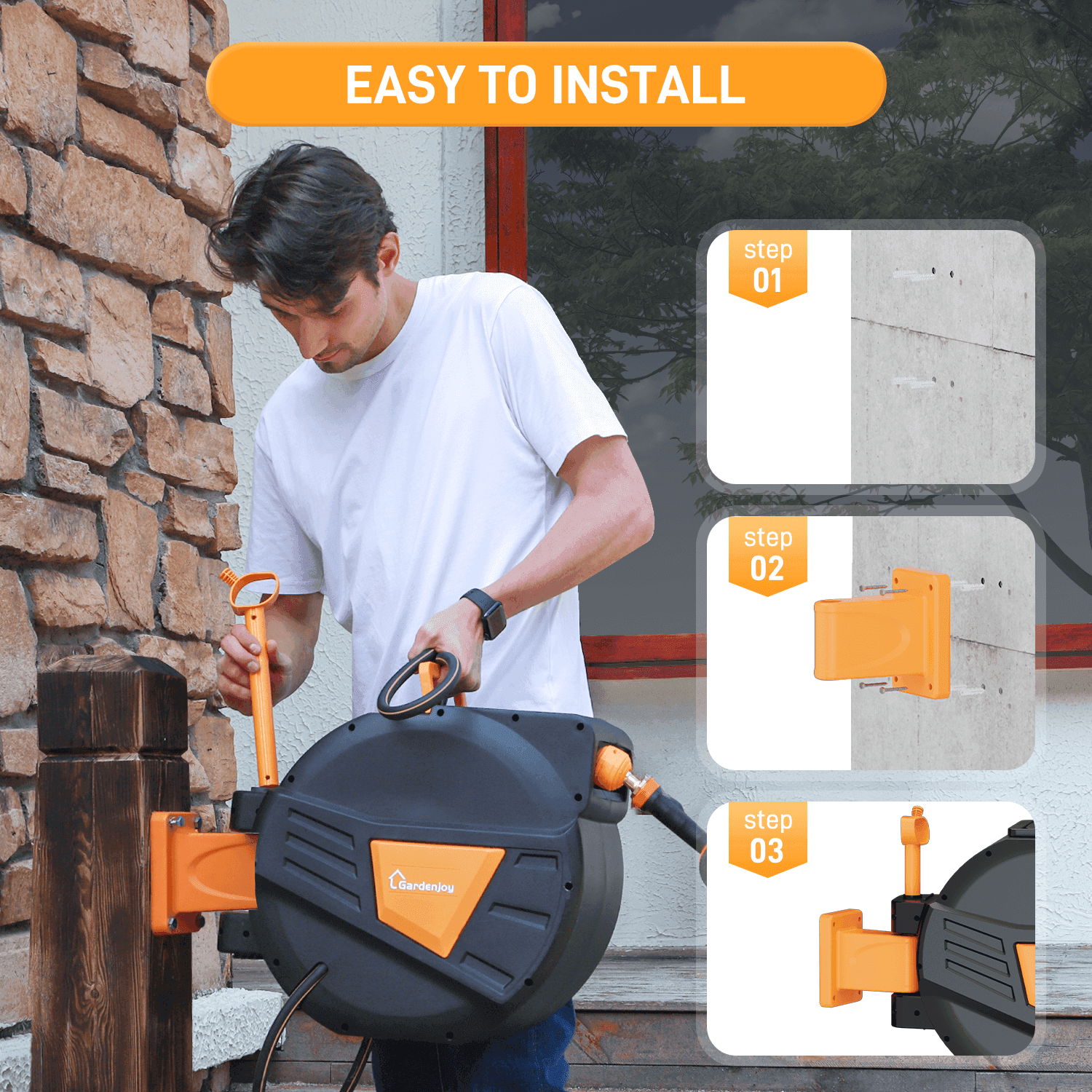 GardenJoy Orange automatic rewind hose, one-touch lock for any length, special leak-proof design, with 10-mode nozzle + 180° rotating bracket - Gardenjoy