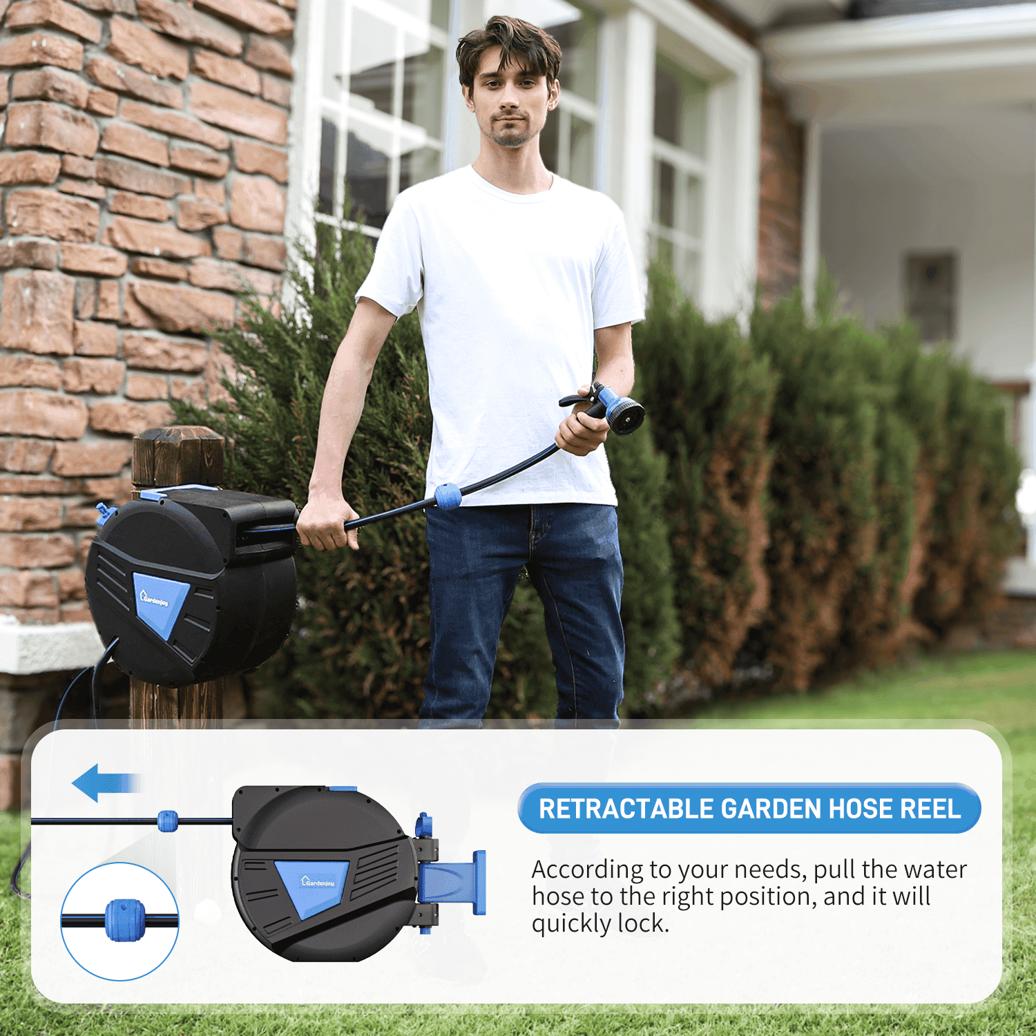 GardenJoy Blue automatic rewind hose, one-touch lock for any length, special leak-proof design, with 10-mode nozzle + 180° rotating bracket - Gardenjoy