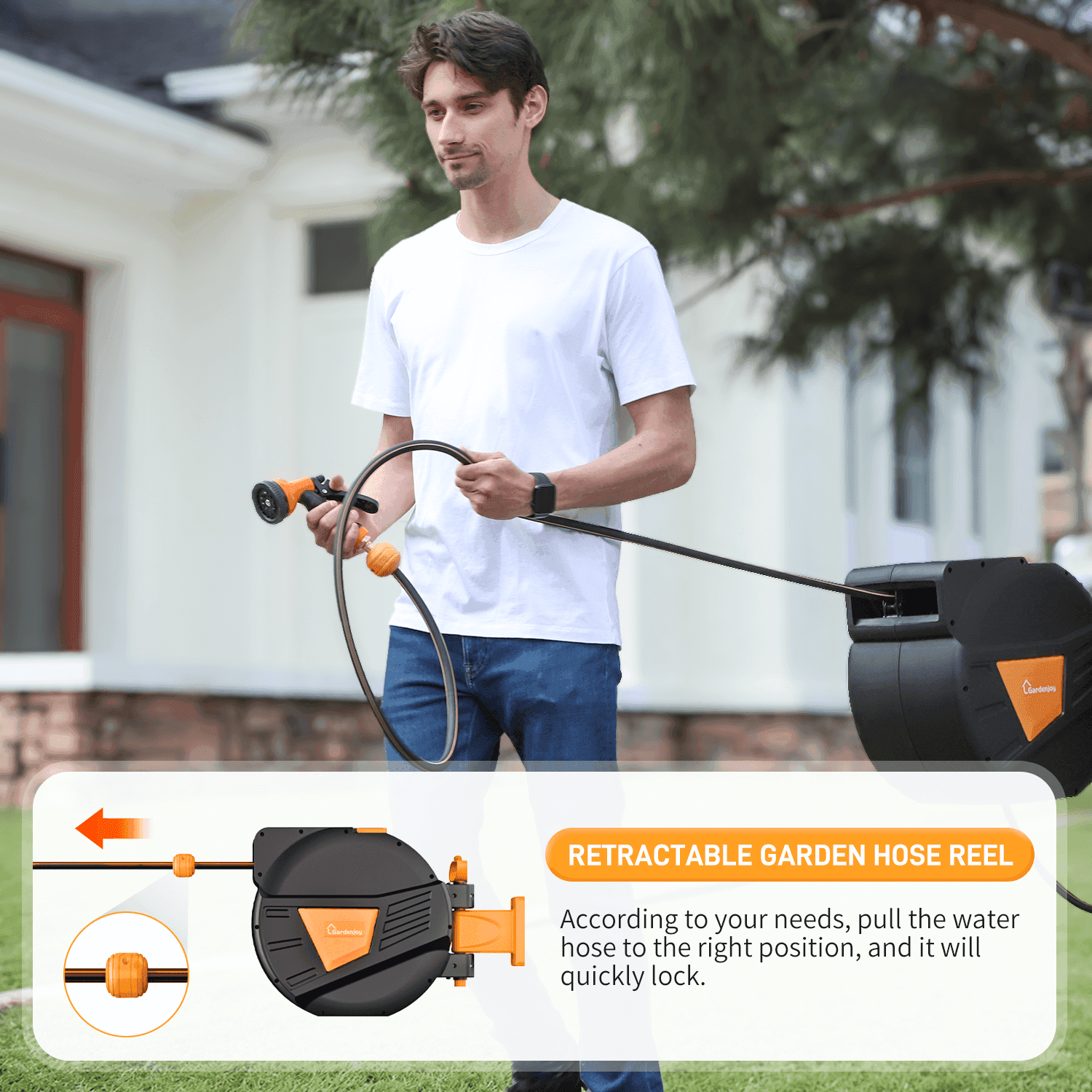 GardenJoy Orange automatic rewind hose, one-touch lock for any length, special leak-proof design, with 10-mode nozzle + 180° rotating bracket - Gardenjoy