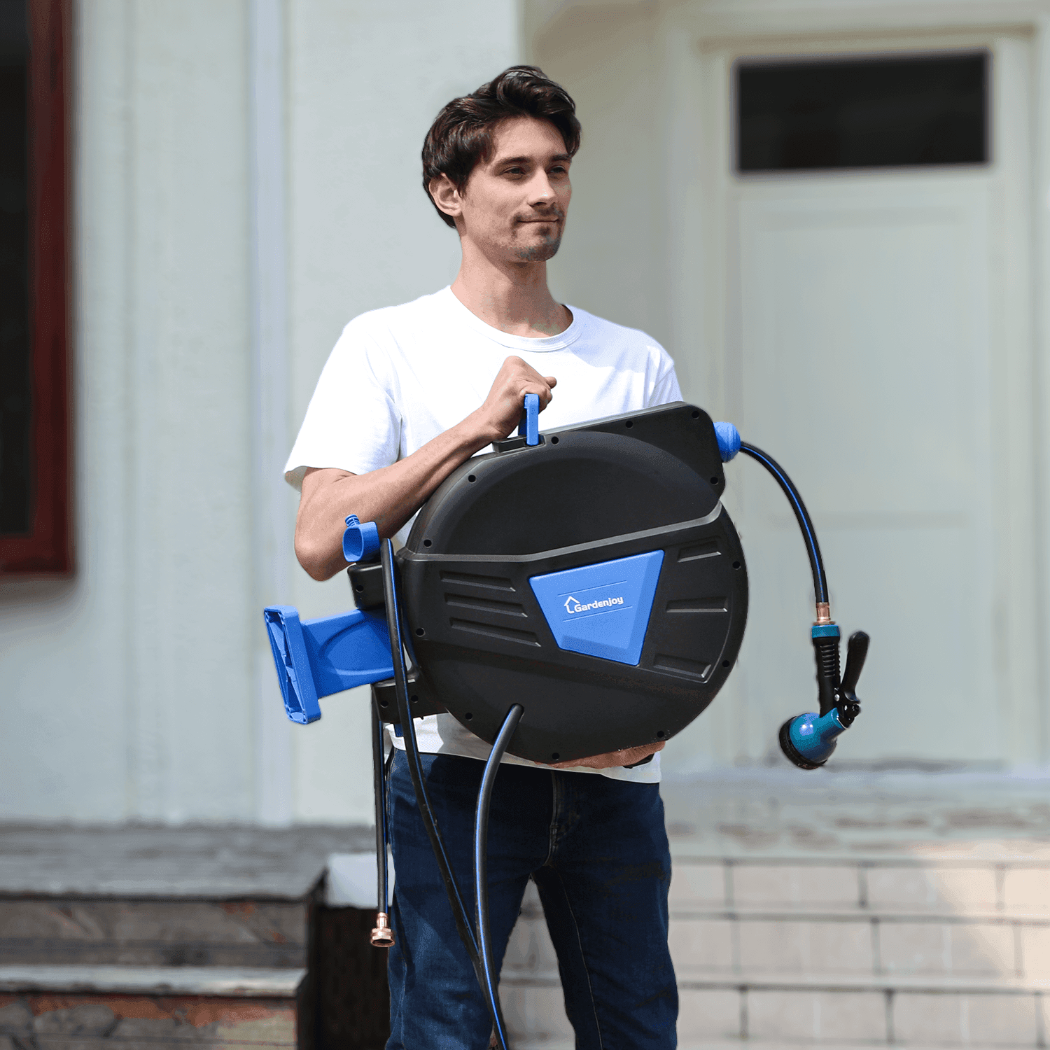 GardenJoy Blue automatic rewind hose, one-touch lock for any length, special leak-proof design, with 10-mode nozzle + 180° rotating bracket - Gardenjoy