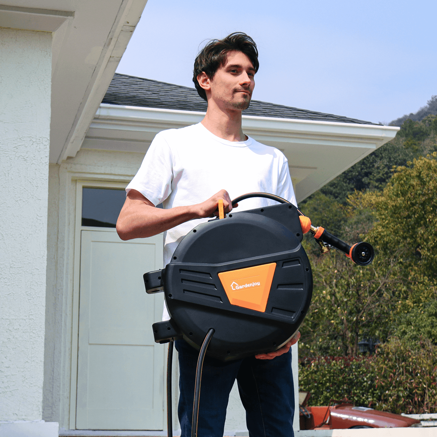GardenJoy Retractable Garden Hose Reel With Metal Bracket-1/2in-100ft-Orange - Gardenjoy