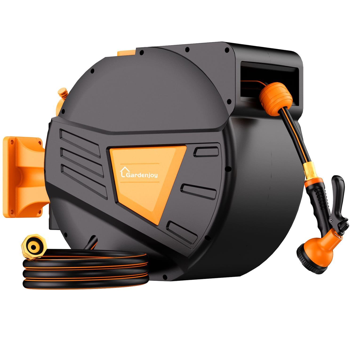 GardenJoy Orange automatic rewind hose, one-touch lock for any length, special leak-proof design, with 10-mode nozzle + 180° rotating bracket - Gardenjoy