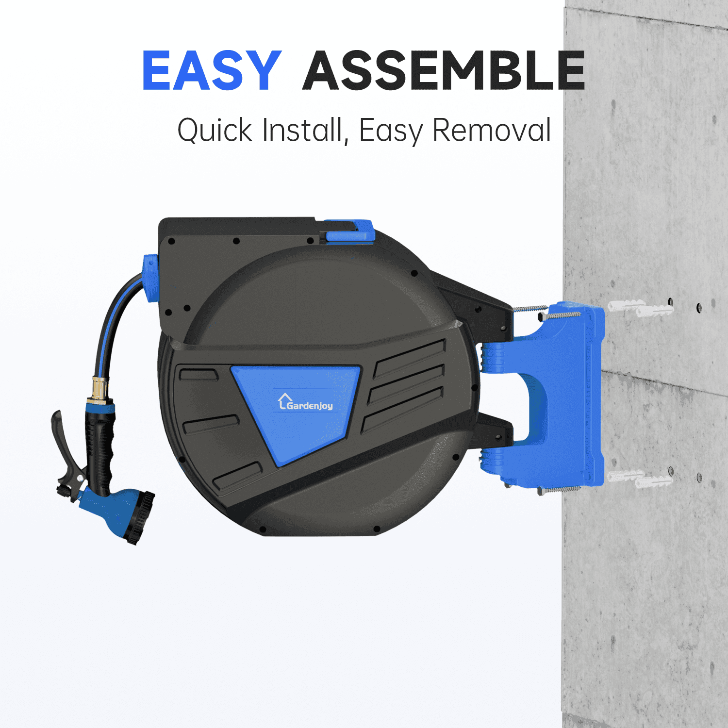 GardenJoy 5/8in automatic rewind hose | One-touch lock for any length + leak-proof design | 10-mode nozzle + 180° rotating bracket - Gardenjoy
