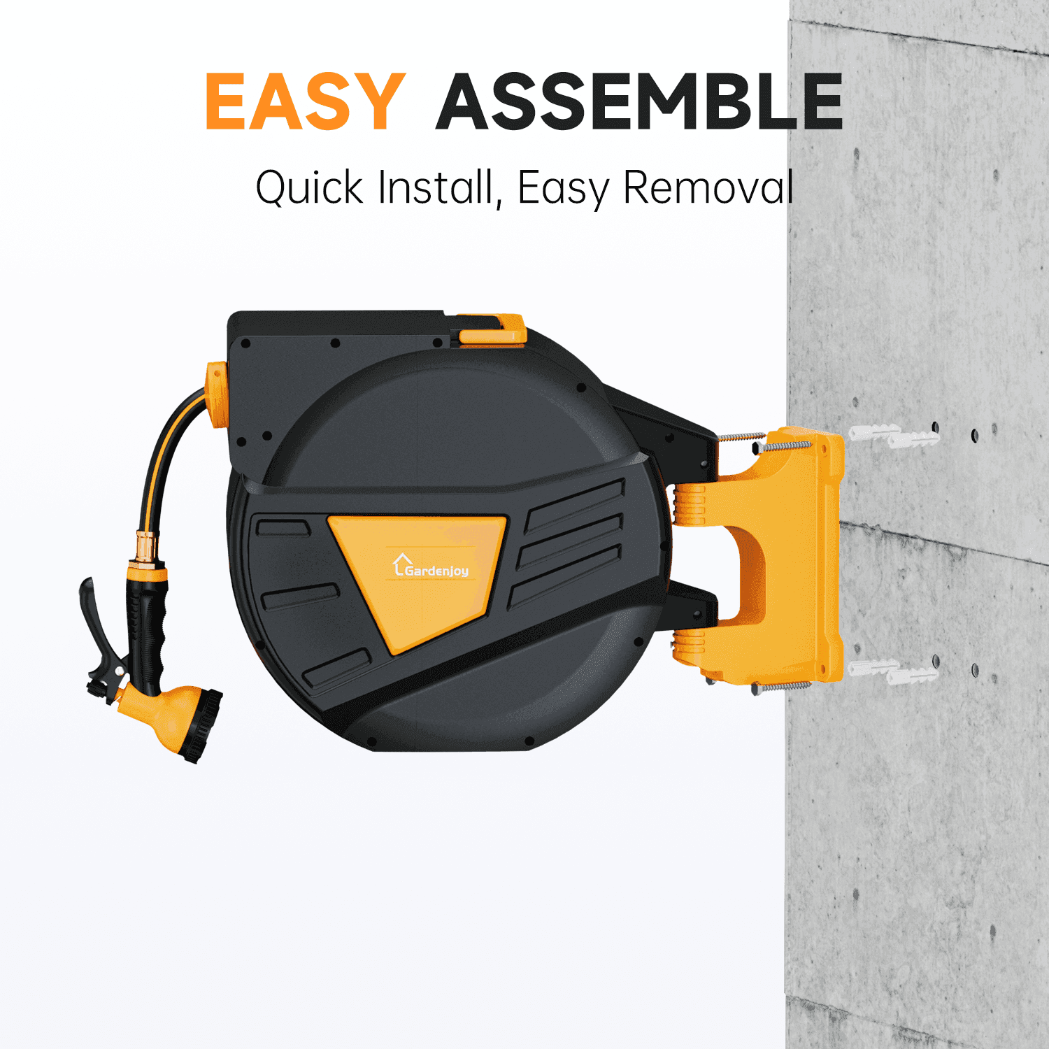 GardenJoy 5/8in automatic rewind hose | One-touch lock for any length + leak-proof design | 10-mode nozzle + 180° rotating bracket - Gardenjoy