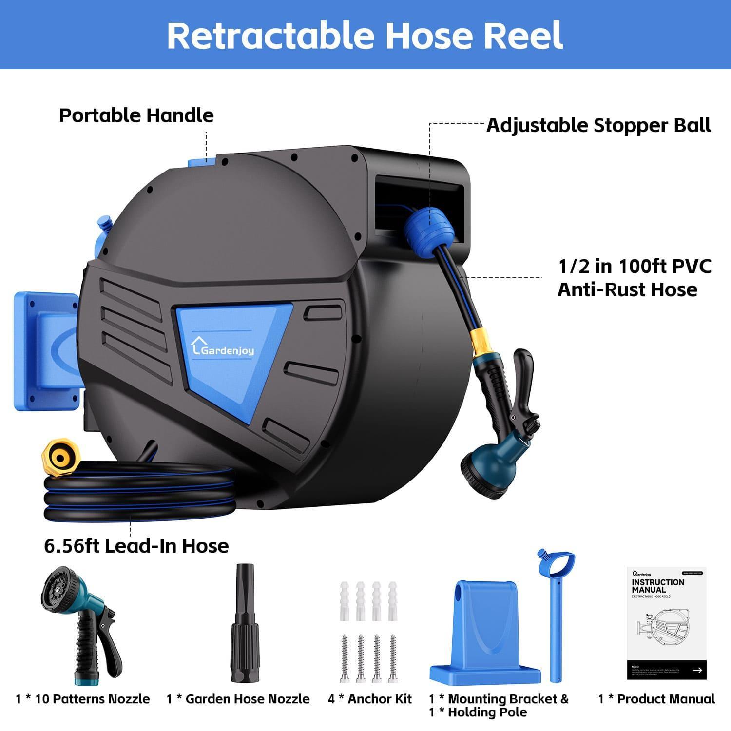 GardenJoy Blue automatic rewind hose, one-touch lock for any length, special leak-proof design, with 10-mode nozzle + 180° rotating bracket - Gardenjoy