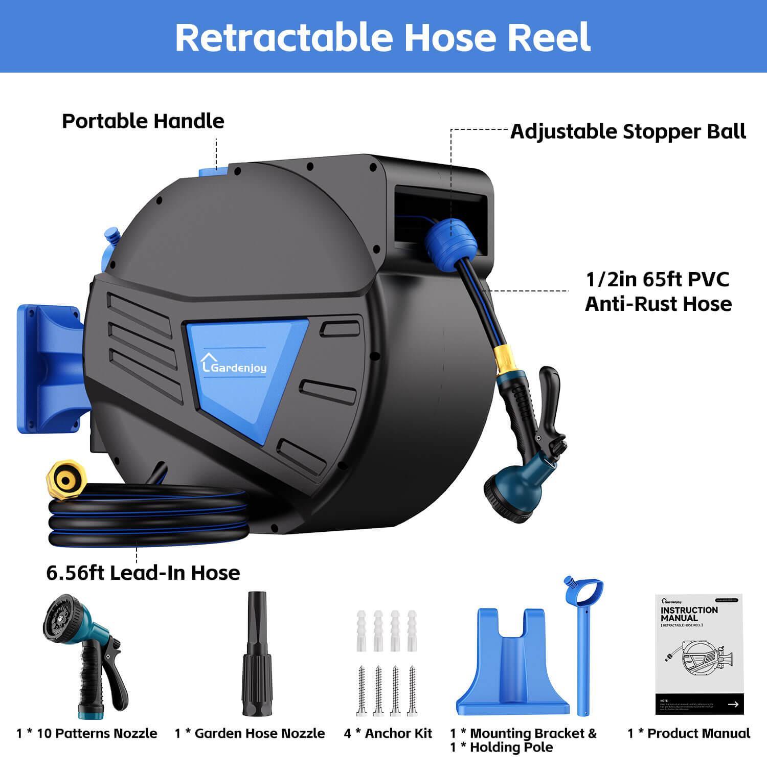 GardenJoy Blue automatic rewind hose, one-touch lock for any length, special leak-proof design, with 10-mode nozzle + 180° rotating bracket - Gardenjoy