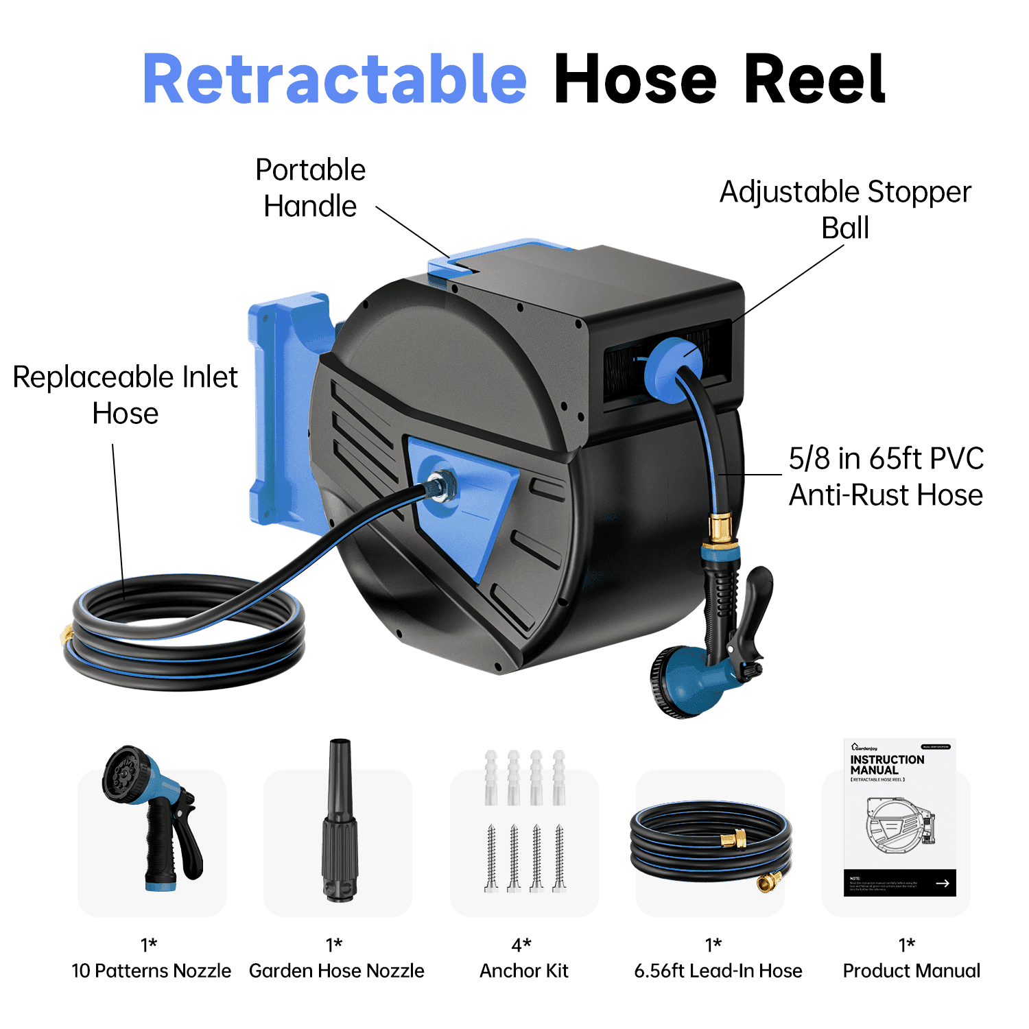 GardenJoy Retractable Garden Hose Reel-5/8in-65ft - Gardenjoy