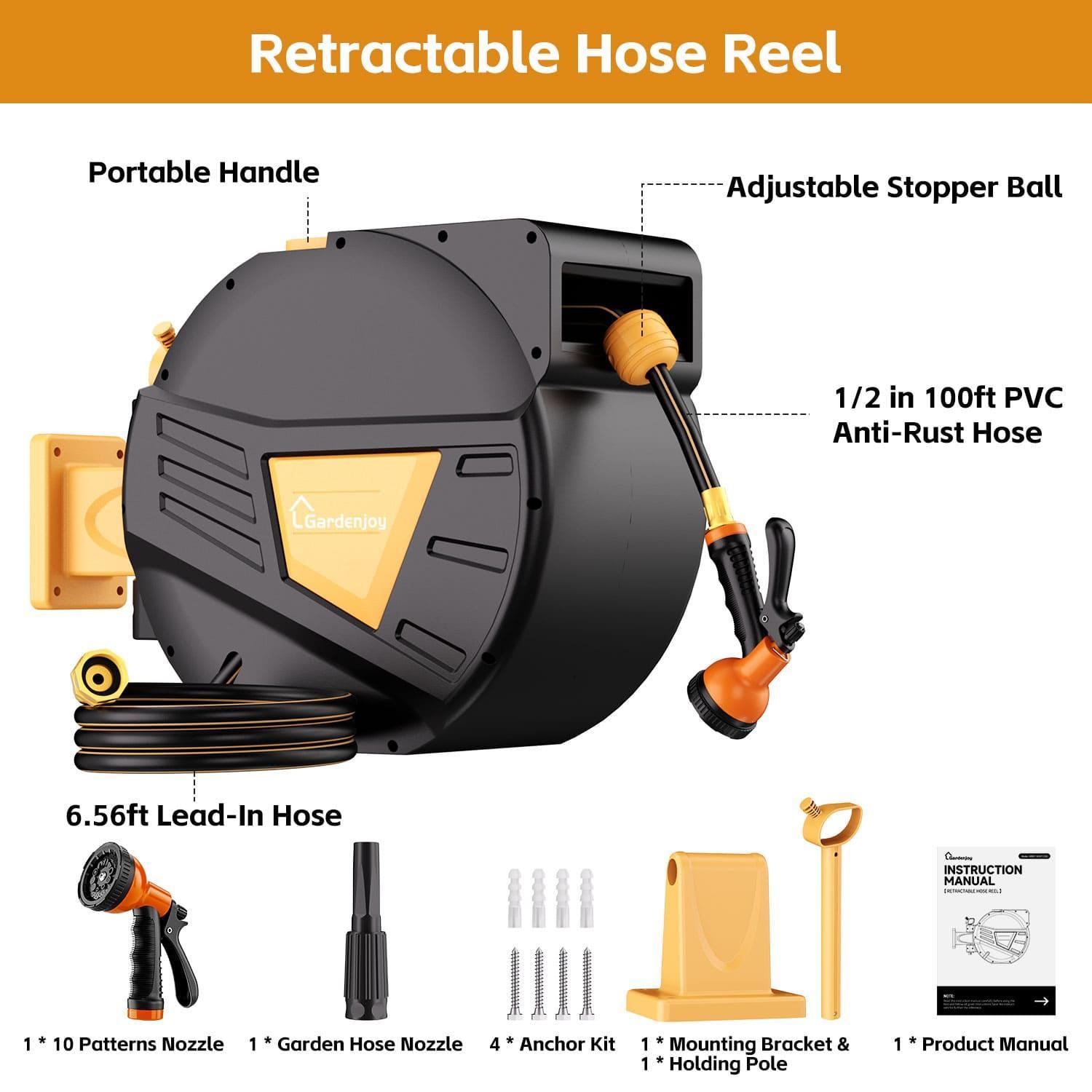 GardenJoy Orange automatic rewind hose, one-touch lock for any length, special leak-proof design, with 10-mode nozzle + 180° rotating bracket - Gardenjoy