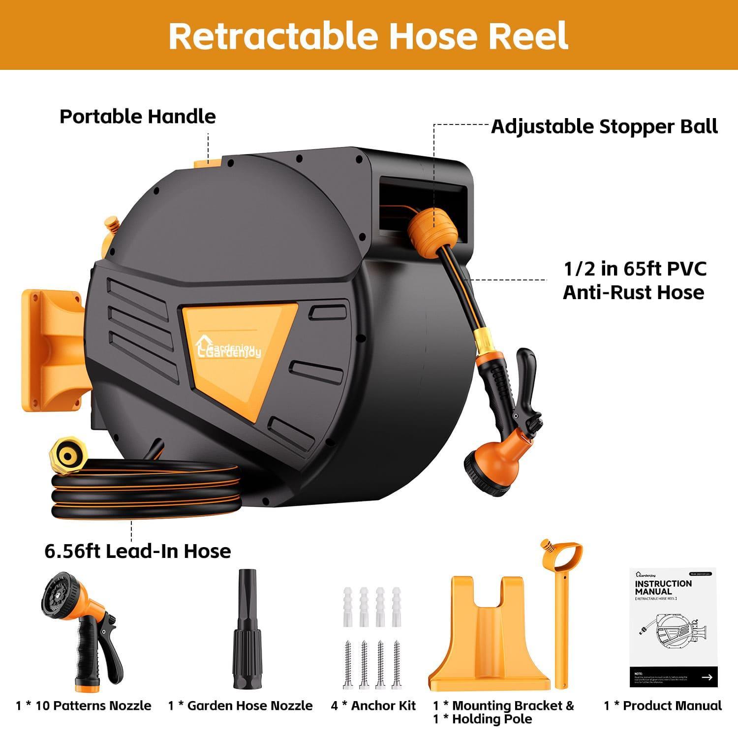 GardenJoy Orange automatic rewind hose, one-touch lock for any length, special leak-proof design, with 10-mode nozzle + 180° rotating bracket - Gardenjoy