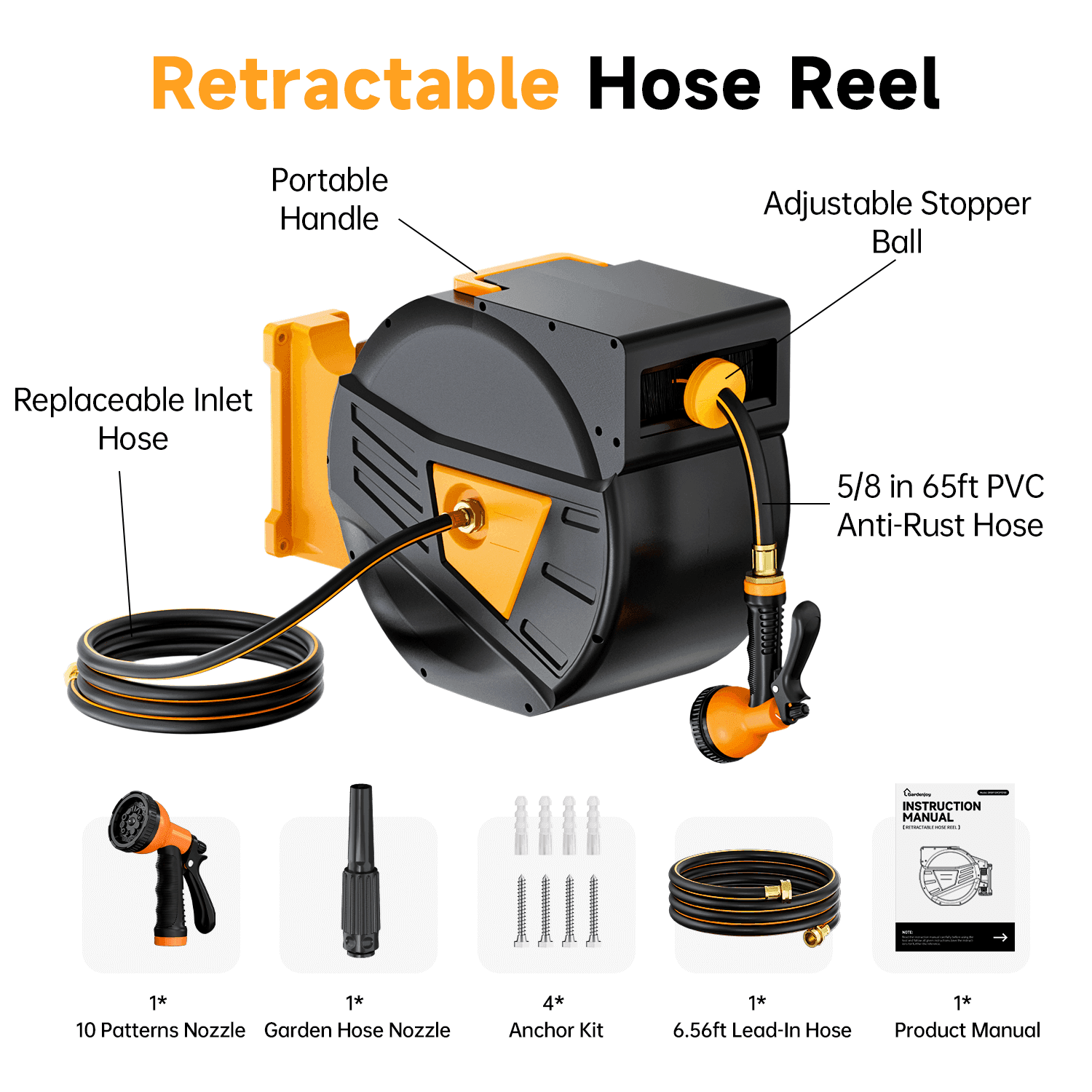 GardenJoy Retractable Garden Hose Reel-5/8in-65ft - Gardenjoy