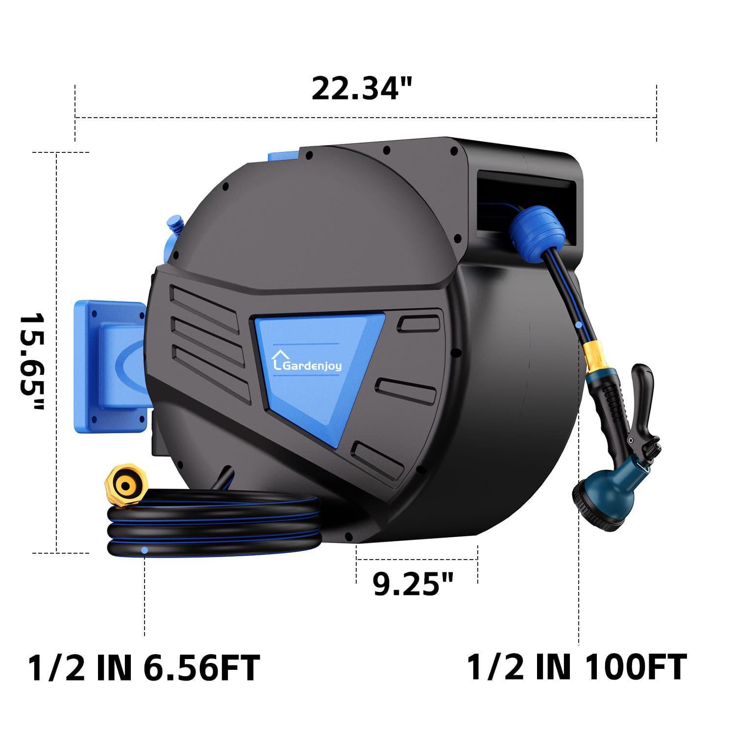 GardenJoy Blue automatic rewind hose, one-touch lock for any length, special leak-proof design, with 10-mode nozzle + 180° rotating bracket - Gardenjoy