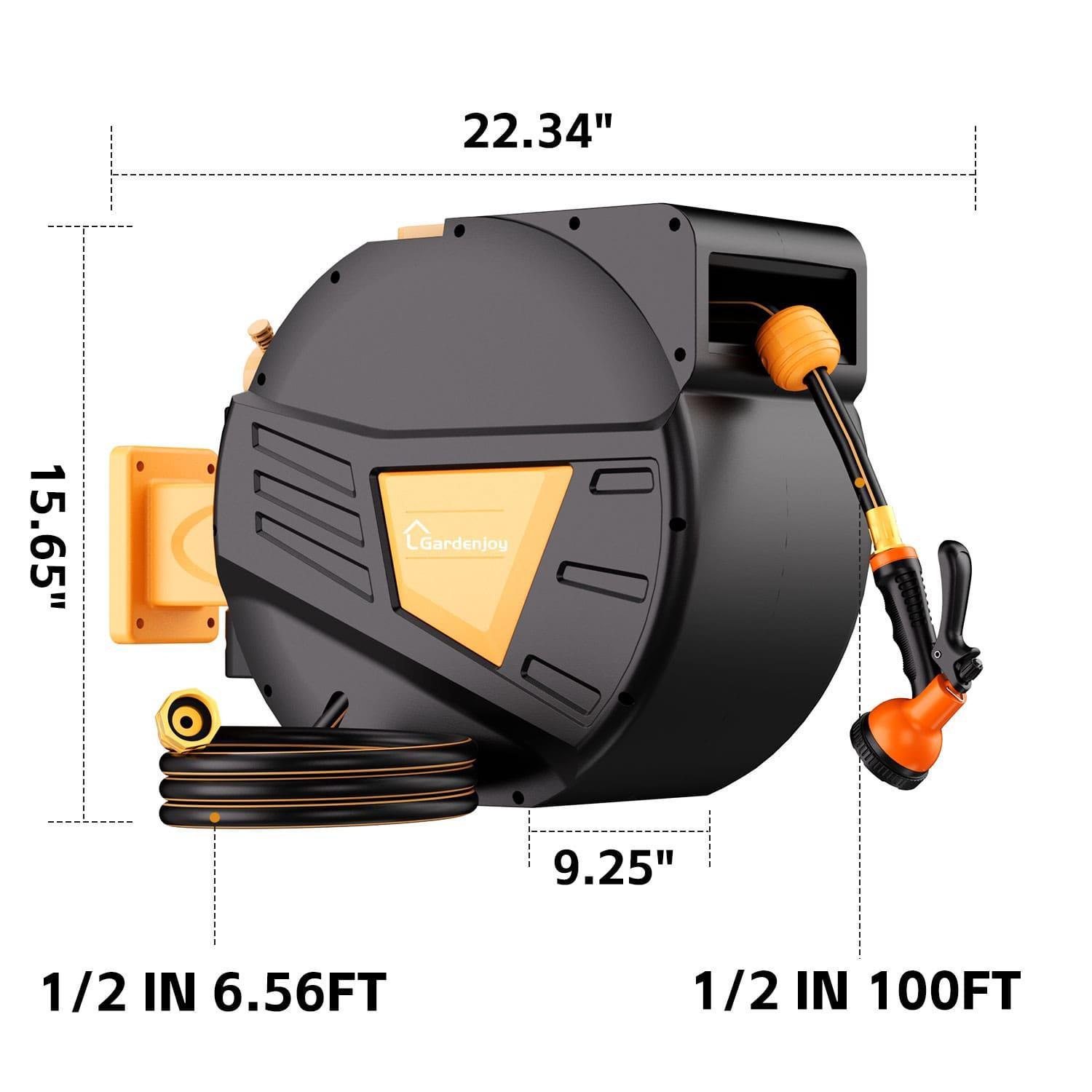 GardenJoy Orange automatic rewind hose, one-touch lock for any length, special leak-proof design, with 10-mode nozzle + 180° rotating bracket - Gardenjoy