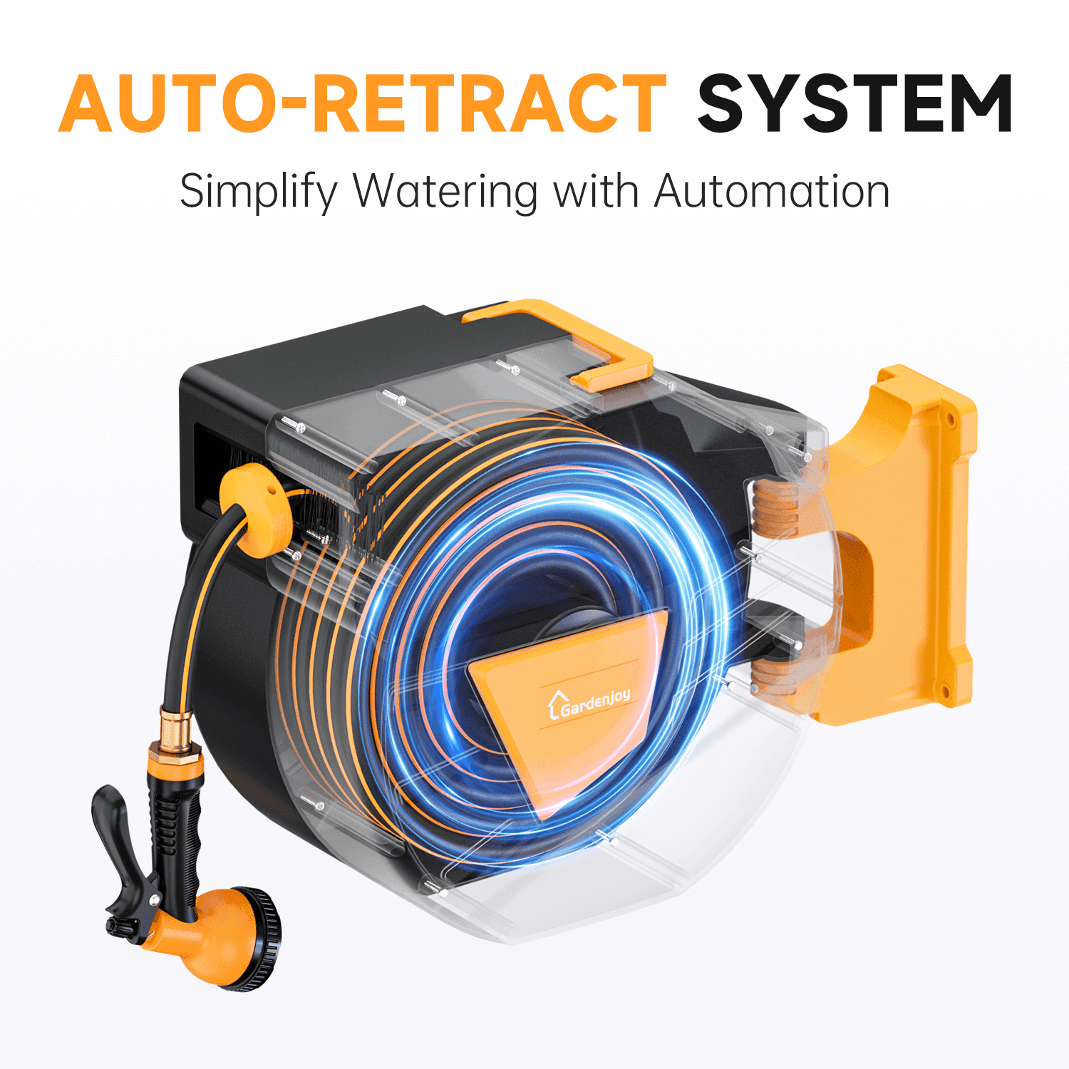 GardenJoy 5/8in automatic rewind hose | One-touch lock for any length + leak-proof design | 10-mode nozzle + 180° rotating bracket - Gardenjoy