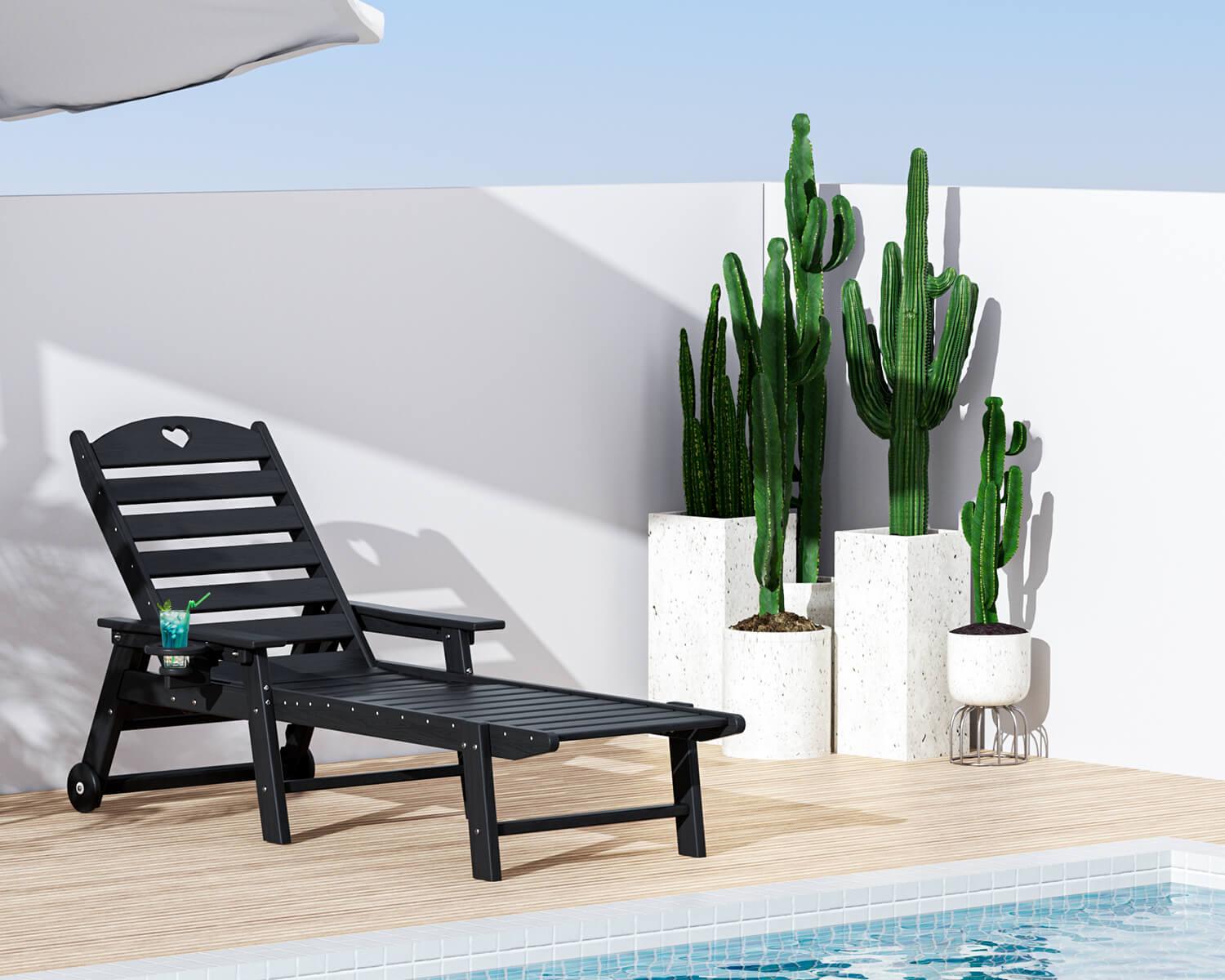 Chaise Lounge Chair for Outdoor Relaxation | HDPE | Wheels, Cupholder, 6-Position | Patio, Lawn, Garden, Poolside - Gardenjoy