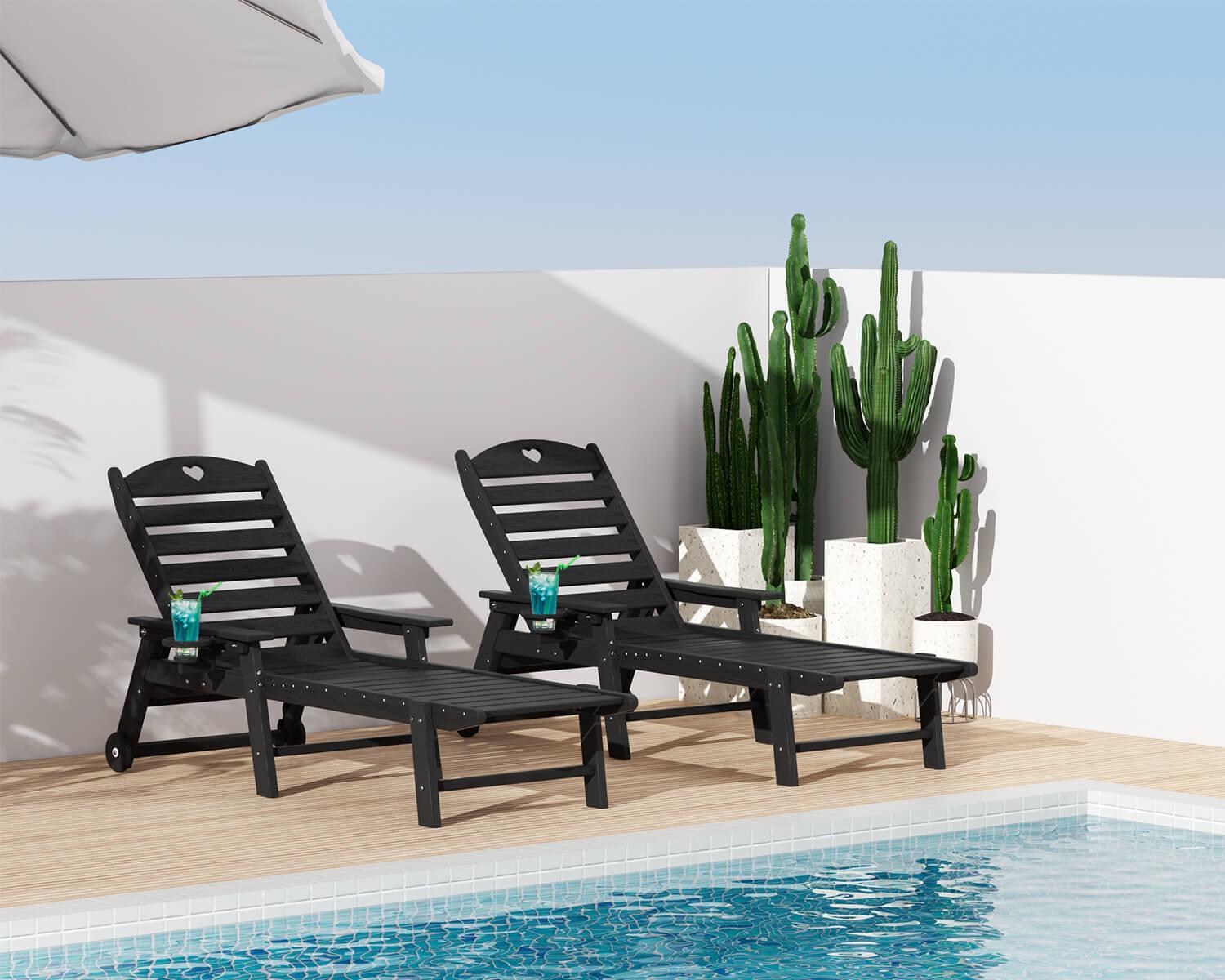 Chaise Lounge Chair for Outdoor Relaxation | HDPE | Wheels, Cupholder, 6-Position | Patio, Lawn, Garden, Poolside - Gardenjoy