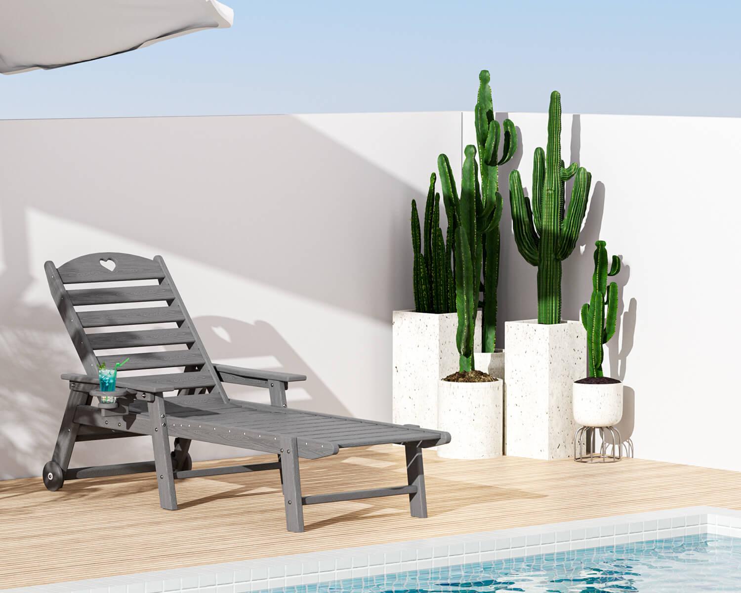 Chaise Lounge Chair for Outdoor Relaxation | HDPE | Wheels, Cupholder, 6-Position | Patio, Lawn, Garden, Poolside - Gardenjoy