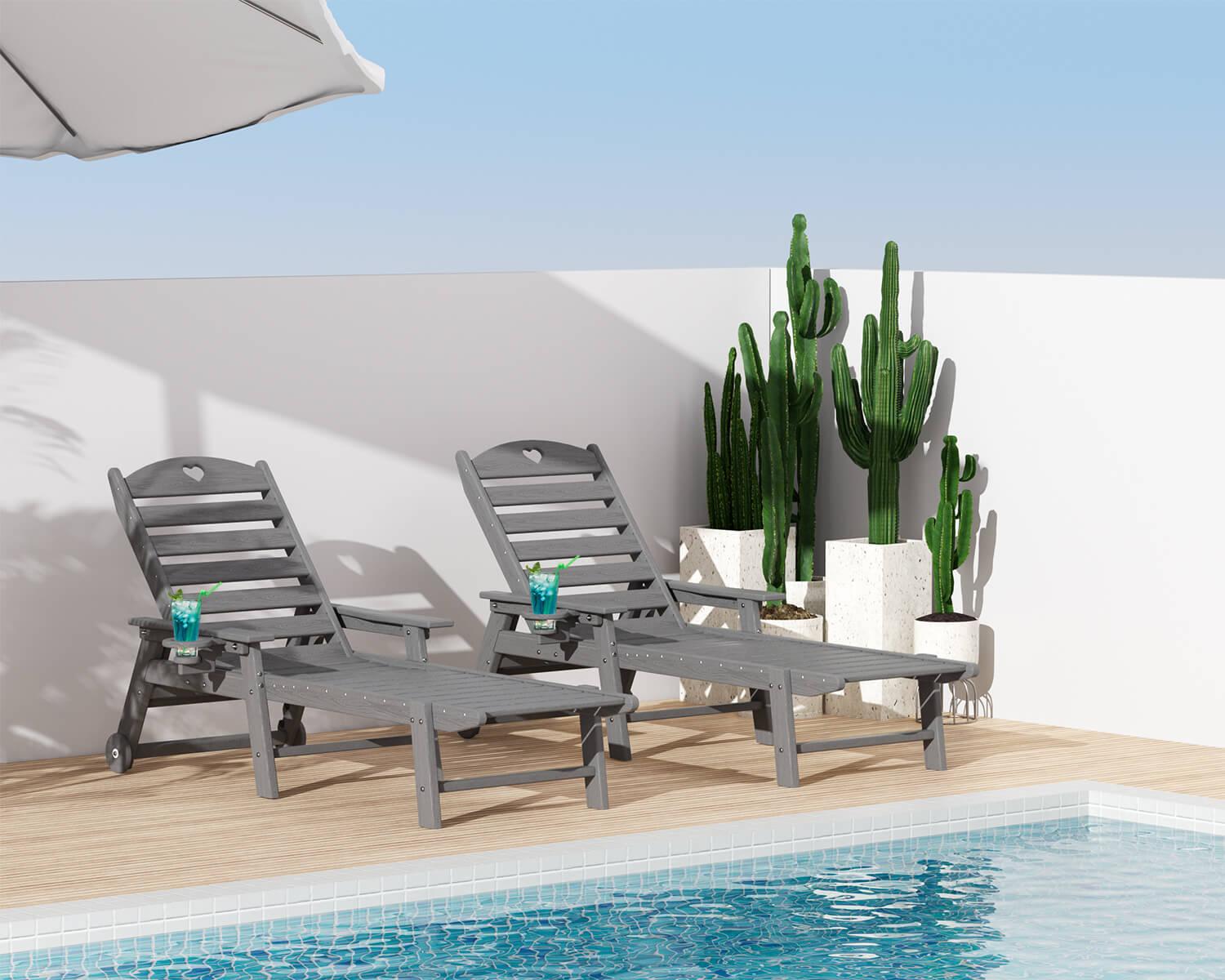 Chaise Lounge Chair for Outdoor Relaxation | HDPE | Wheels, Cupholder, 6-Position | Patio, Lawn, Garden, Poolside - Gardenjoy