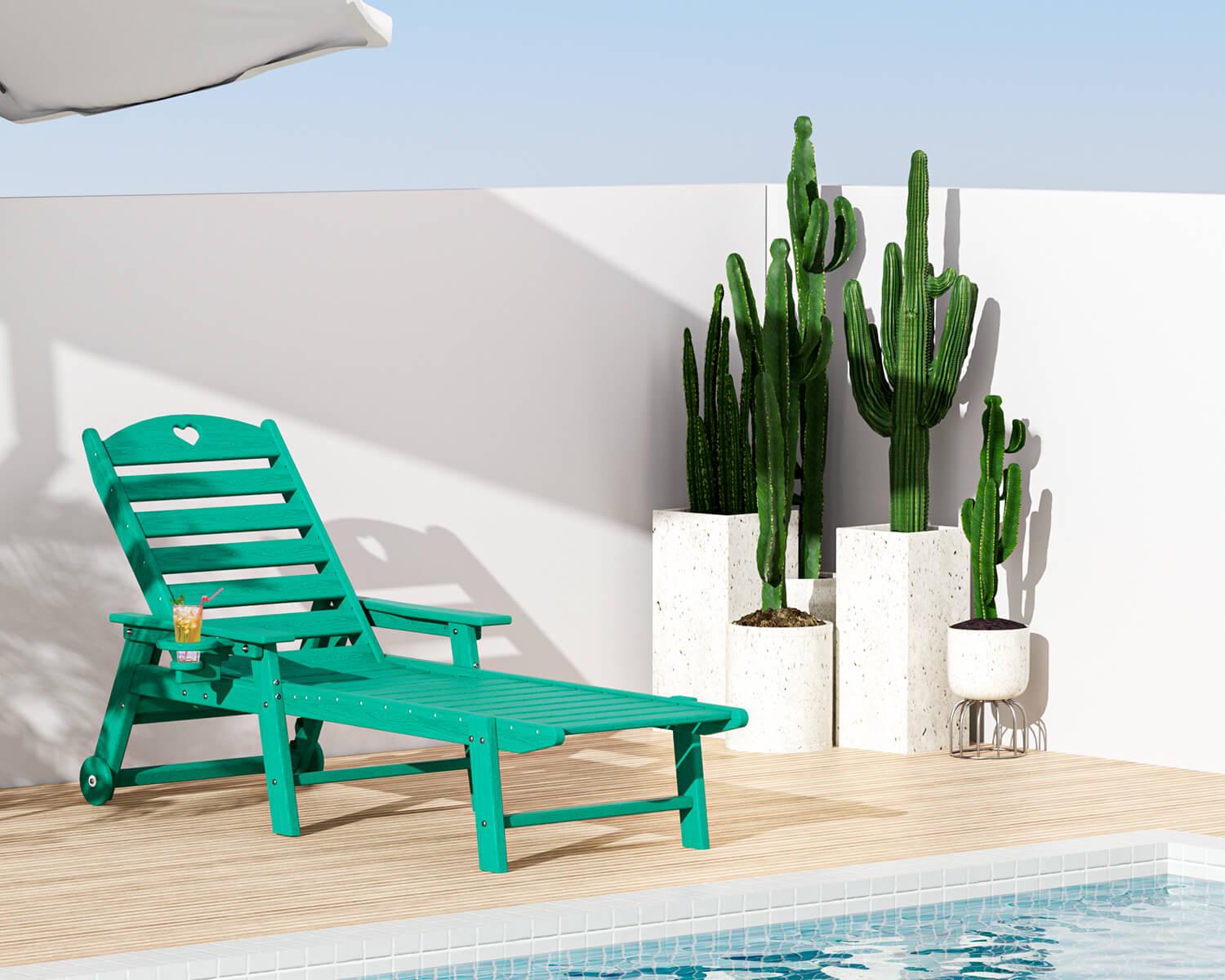 Chaise Lounge Chair for Outdoor Relaxation | HDPE | Wheels, Cupholder, 6-Position | Patio, Lawn, Garden, Poolside - Gardenjoy