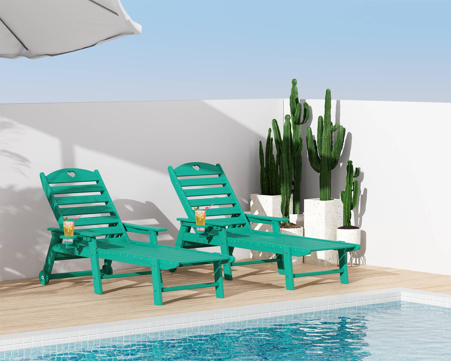 Chaise Lounge Chair for Outdoor Relaxation | HDPE | Wheels, Cupholder, 6-Position | Patio, Lawn, Garden, Poolside - Gardenjoy