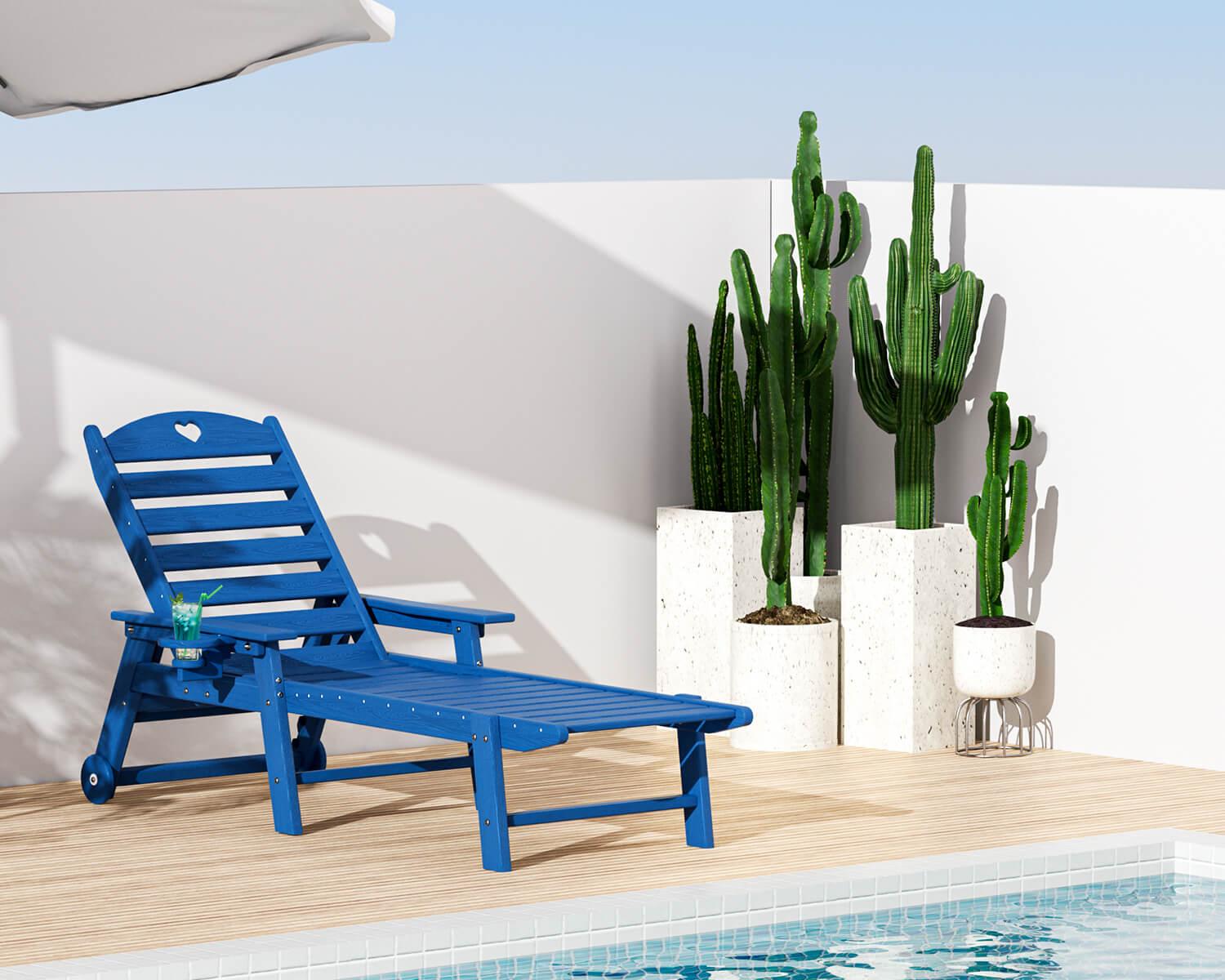 Chaise Lounge Chair for Outdoor Relaxation | HDPE | Wheels, Cupholder, 6-Position | Patio, Lawn, Garden, Poolside - Gardenjoy