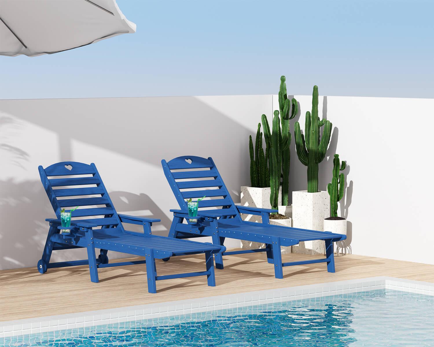 Chaise Lounge Chair for Outdoor Relaxation | HDPE | Wheels, Cupholder, 6-Position | Patio, Lawn, Garden, Poolside - Gardenjoy
