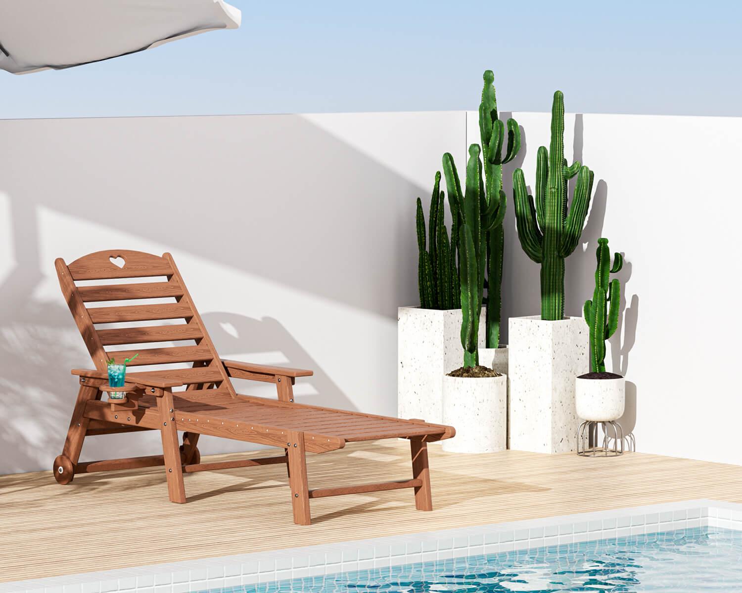 Chaise Lounge Chair for Outdoor Relaxation | HDPE | Wheels, Cupholder, 6-Position | Patio, Lawn, Garden, Poolside - Gardenjoy
