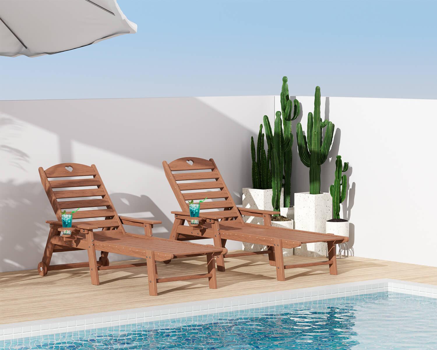 Chaise Lounge Chair for Outdoor Relaxation | HDPE | Wheels, Cupholder, 6-Position | Patio, Lawn, Garden, Poolside - Gardenjoy
