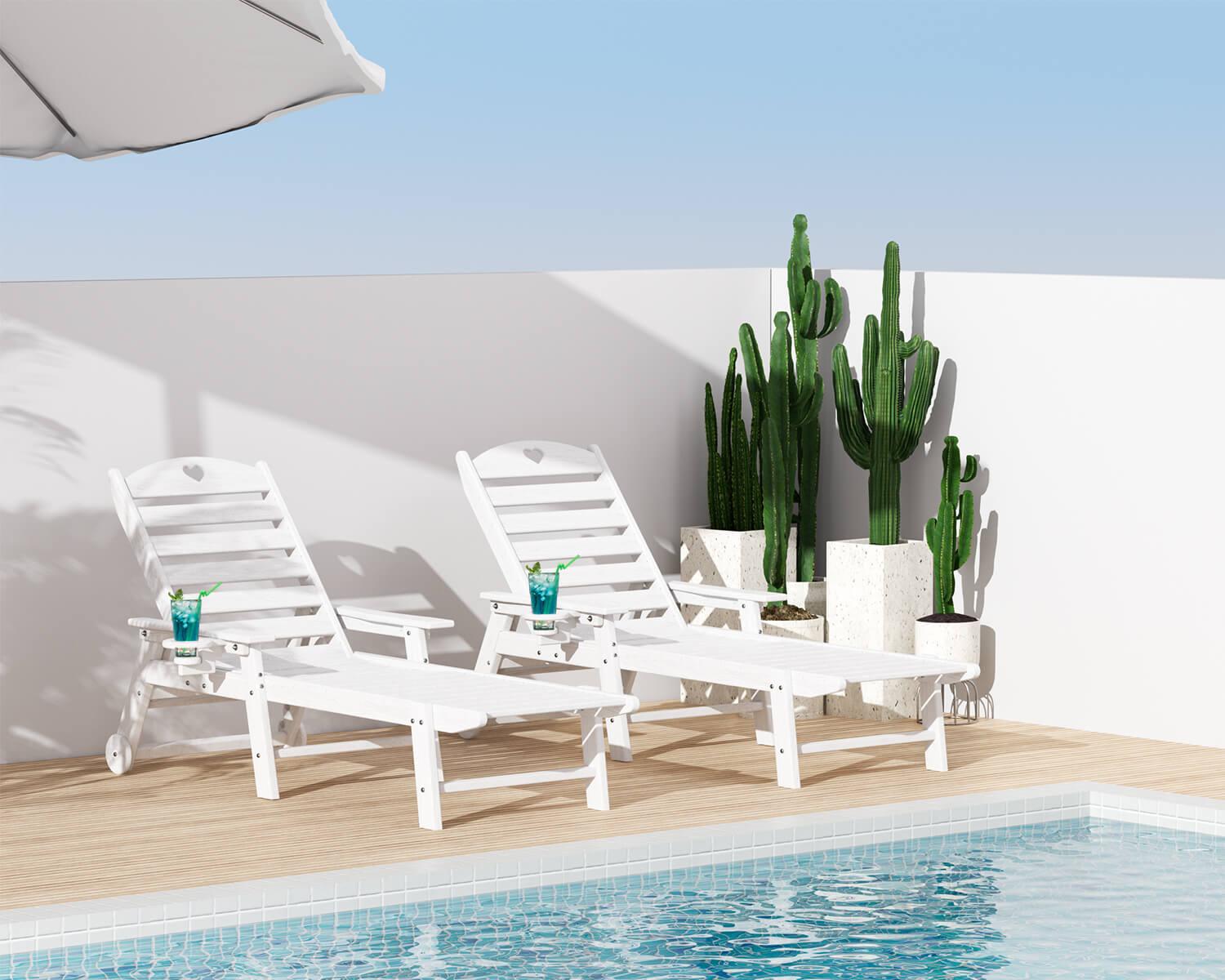 Chaise Lounge Chair for Outdoor Relaxation | HDPE | Wheels, Cupholder, 6-Position | Patio, Lawn, Garden, Poolside - Gardenjoy