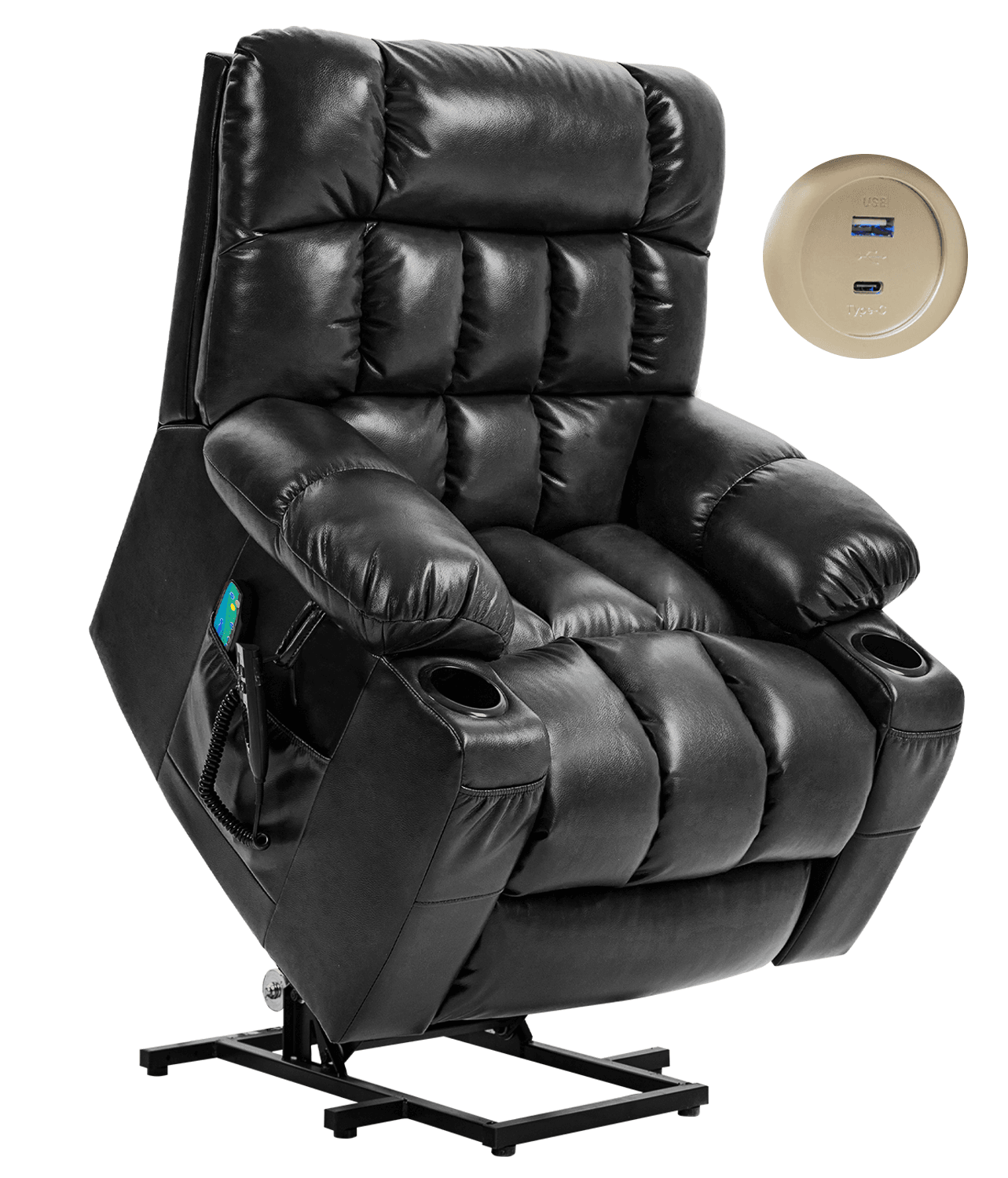 Leather Dual Motor Massage and Heat Lift Recliner with Cup Holder and USB Port for Everyone | Infinite Position Recliner (Brown/Black) - Gardenjoy