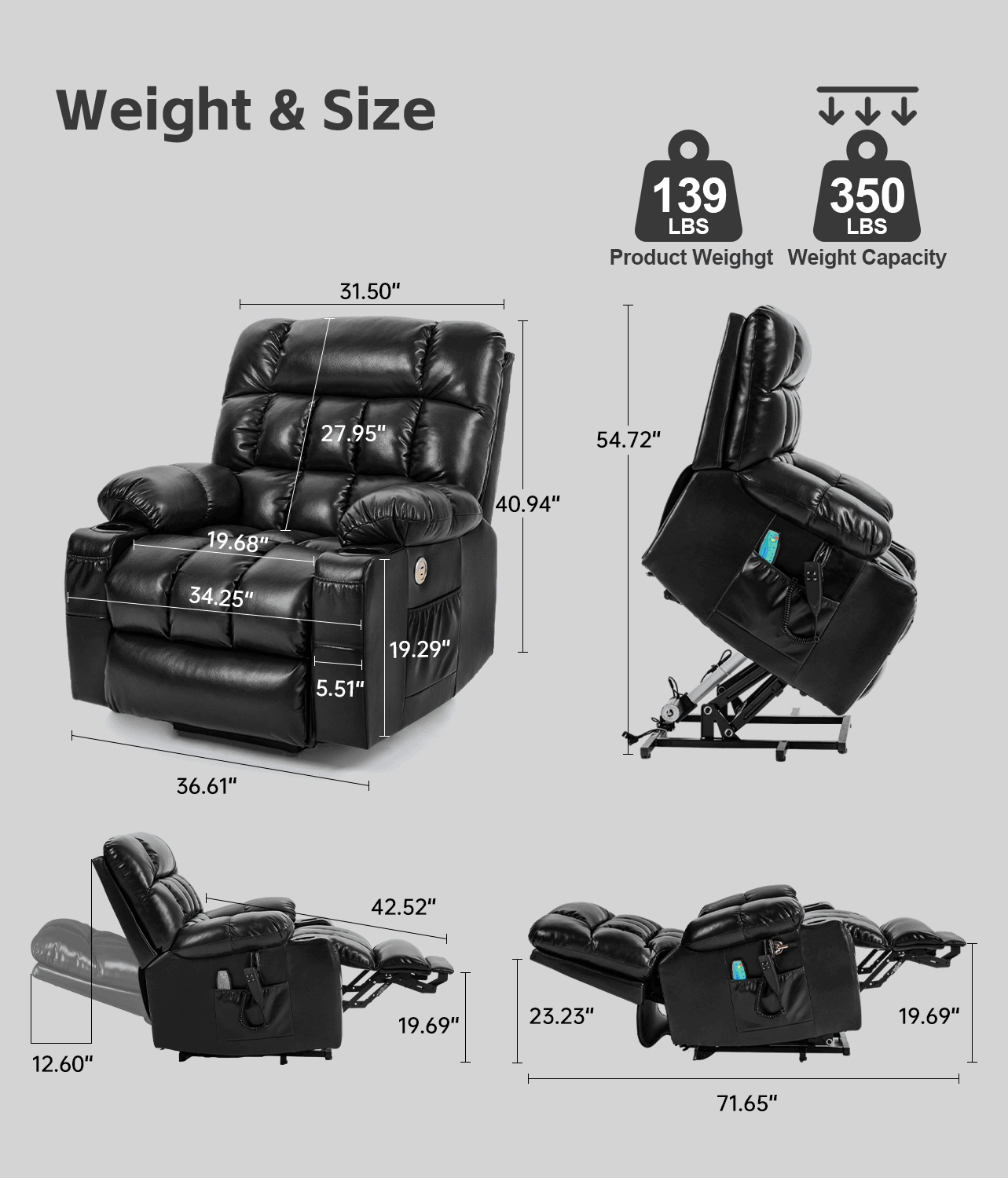 Leather Dual Motor Massage and Heat Lift Recliner with Cup Holder and USB Port for Everyone | Infinite Position Recliner (Brown/Black) - Gardenjoy