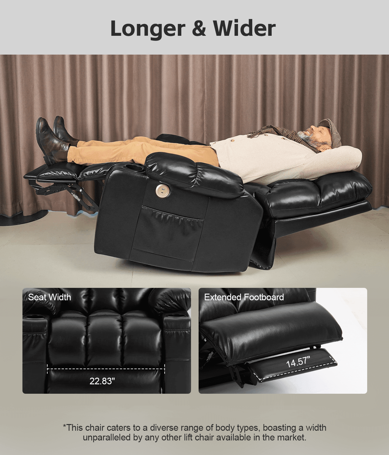 Leather Dual Motor Massage and Heat Lift Recliner with Cup Holder and USB Port for Everyone | Infinite Position Recliner (Brown/Black) - Gardenjoy