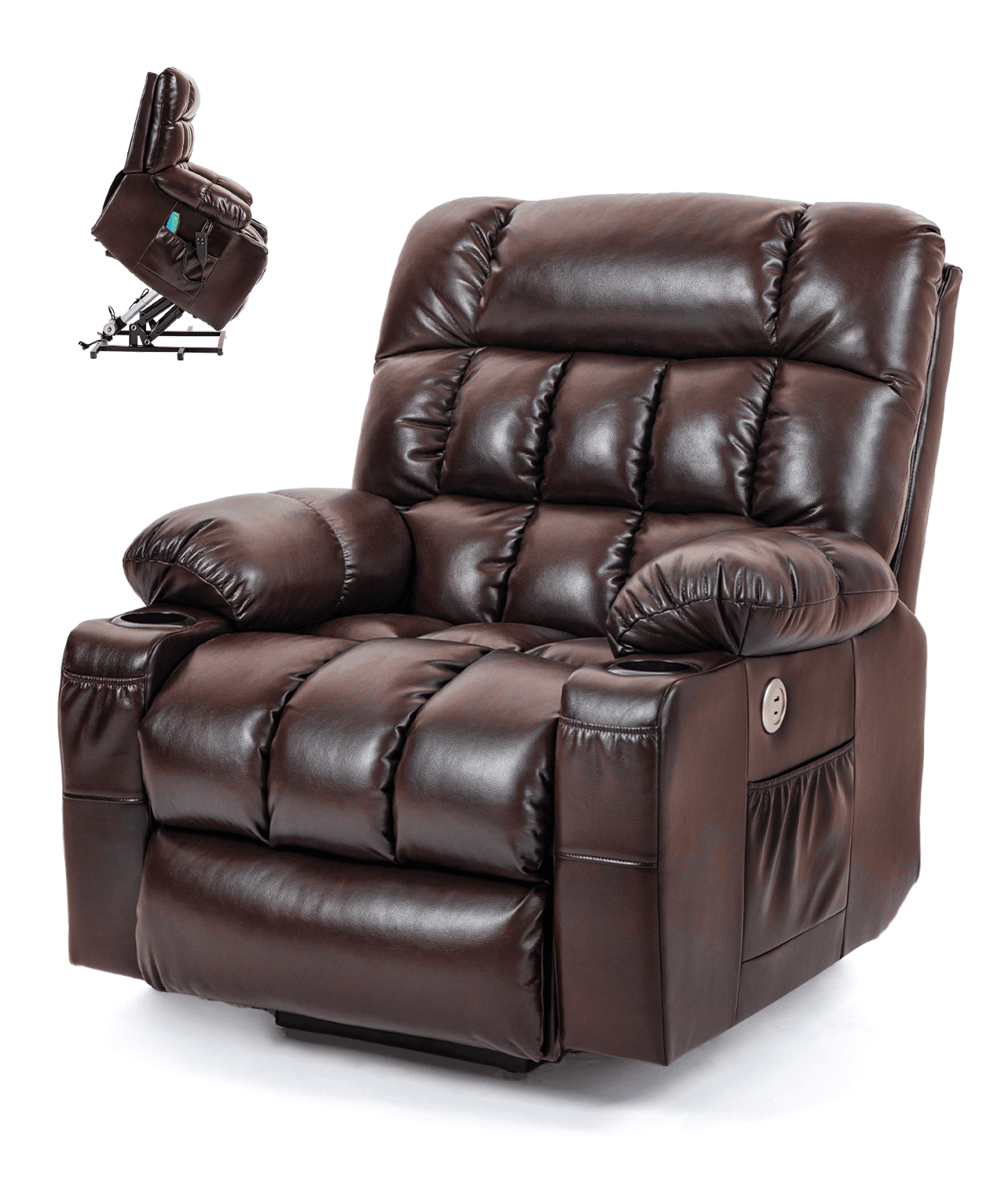 Leather Dual Motor Massage and Heat Lift Recliner with Cup Holder and
