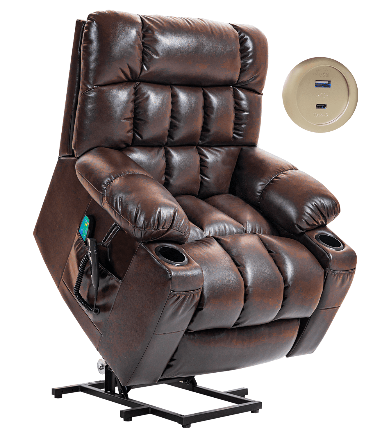 Leather Dual Motor Massage and Heat Lift Recliner with Cup Holder and USB Port for Everyone | Infinite Position Recliner (Brown/Black) - Gardenjoy