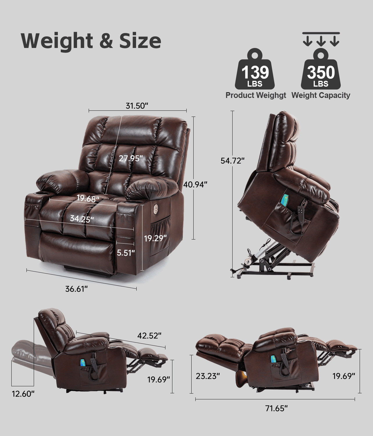 Leather Dual Motor Massage and Heat Lift Recliner with Cup Holder and USB Port for Everyone | Infinite Position Recliner (Brown/Black) - Gardenjoy
