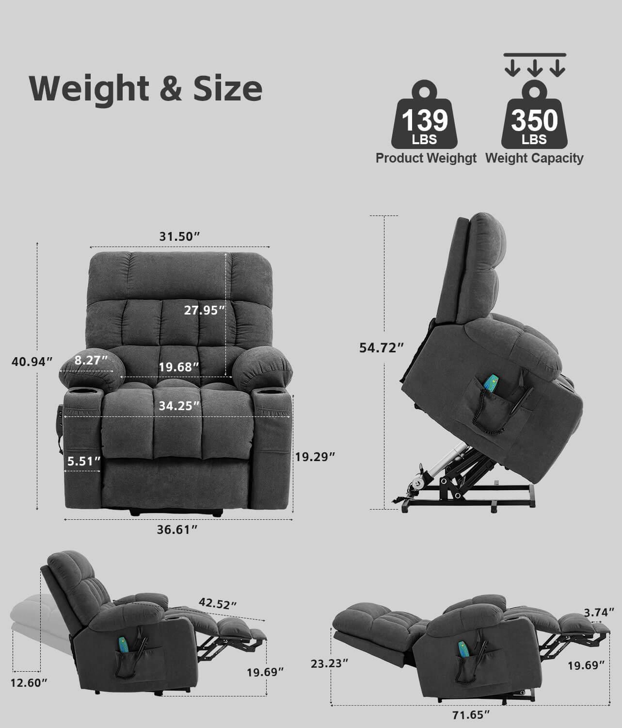 Fabric Dual Motor Massage and Heated Lift Recliner with Cup Holder and USB Port | Infinite Position Recliner (Brown/Gray)