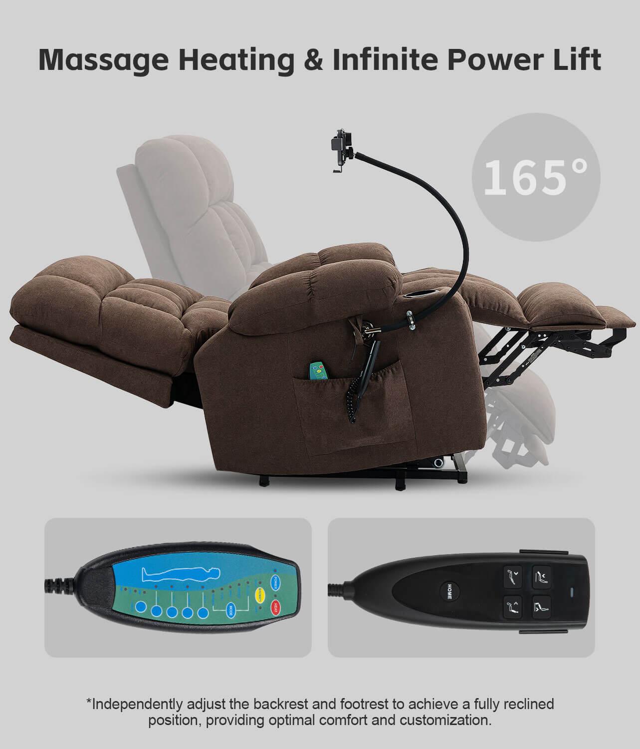Fabric Dual Motor Massage and Heated Lift Recliner with Cup Holder, Wireless Charging and USB Port | Infinite Position Recliner (Brown/Gray) - Gardenjoy