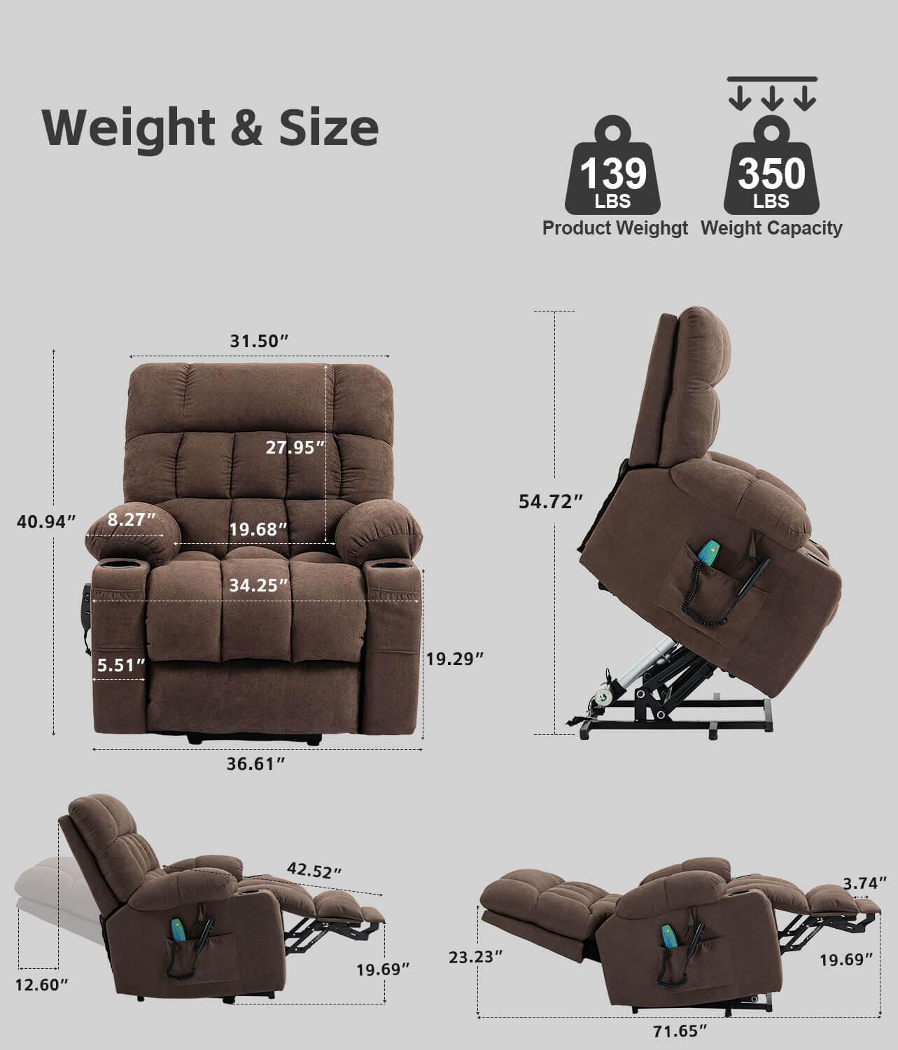 Fabric Dual Motor Massage and Heated Lift Recliner with Cup Holder and USB Port | Infinite Position Recliner (Brown/Gray)