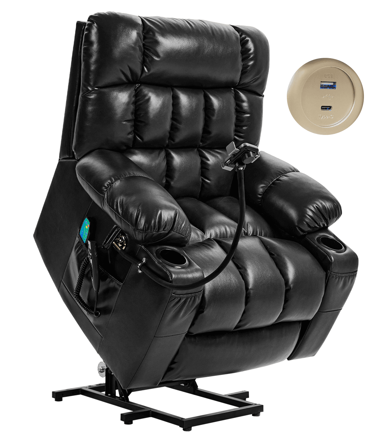Leather Dual Motor Massage and Heat Lift Recliner for Everyone with Cup Holders, Wireless Charging and USB Ports | Infinite Position Recliner (Brown/Black) - Gardenjoy