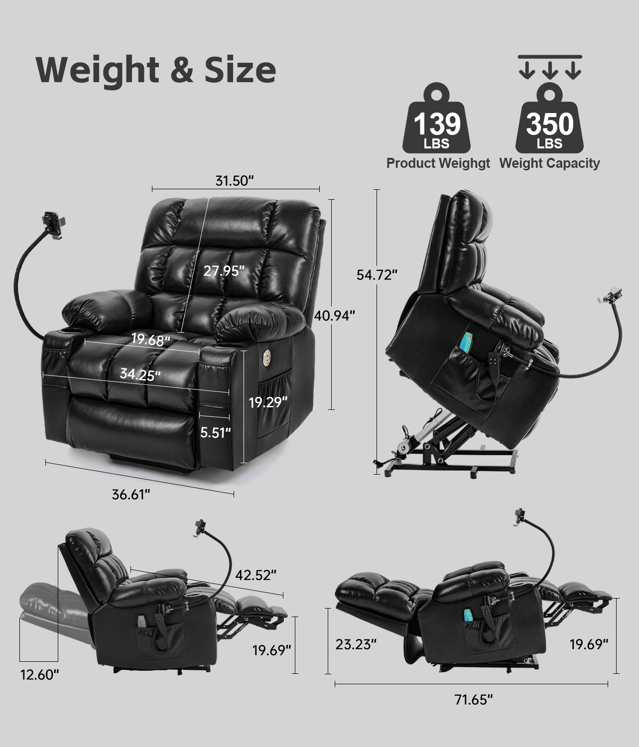 Leather Dual Motor Massage and Heat Lift Recliner for Everyone with Cup Holders, Wireless Charging and USB Ports | Infinite Position Recliner (Brown/Black) - Gardenjoy