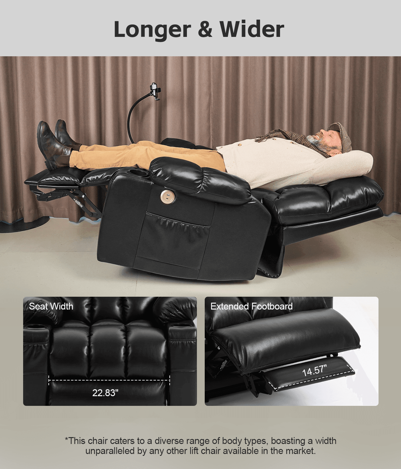 Leather Dual Motor Massage and Heat Lift Recliner for Everyone with Cup Holders, Wireless Charging and USB Ports | Infinite Position Recliner (Brown/Black) - Gardenjoy