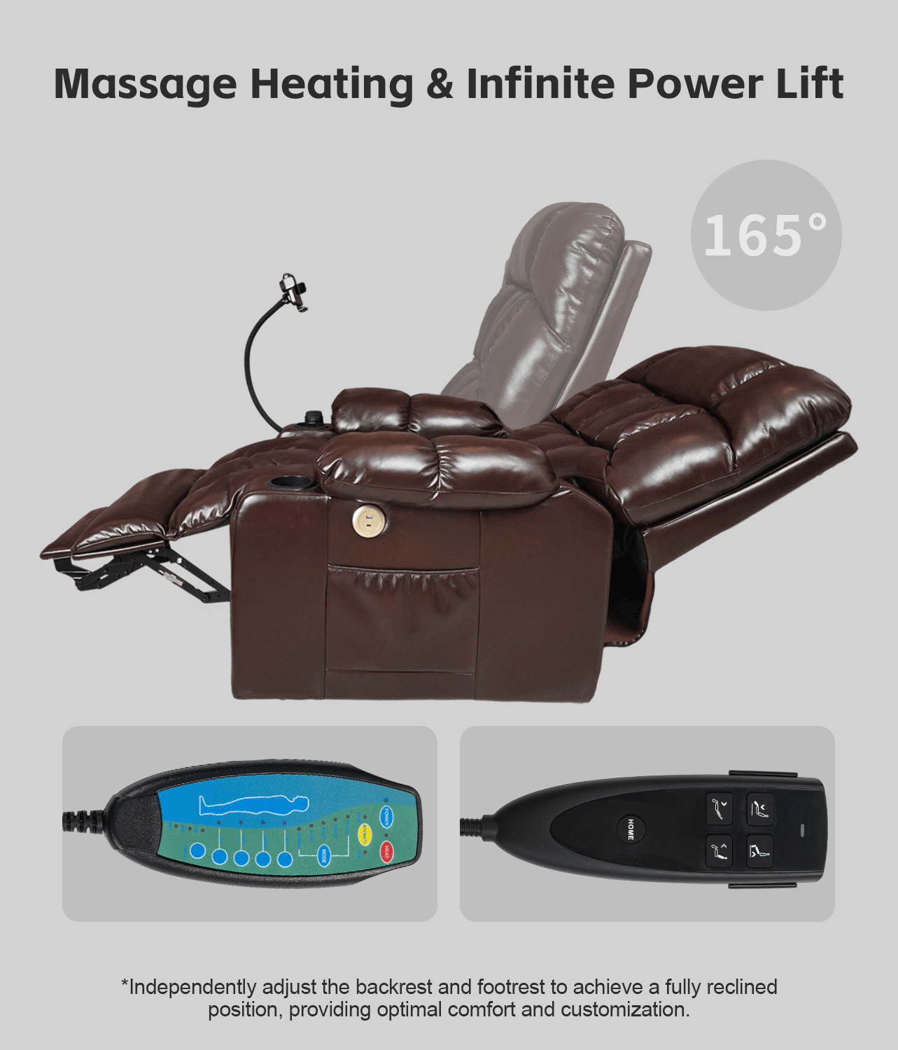 Leather Dual Motor Massage and Heat Lift Recliner for Everyone with Cup Holders, Wireless Charging and USB Ports | Infinite Position Recliner (Brown/Black) - Gardenjoy