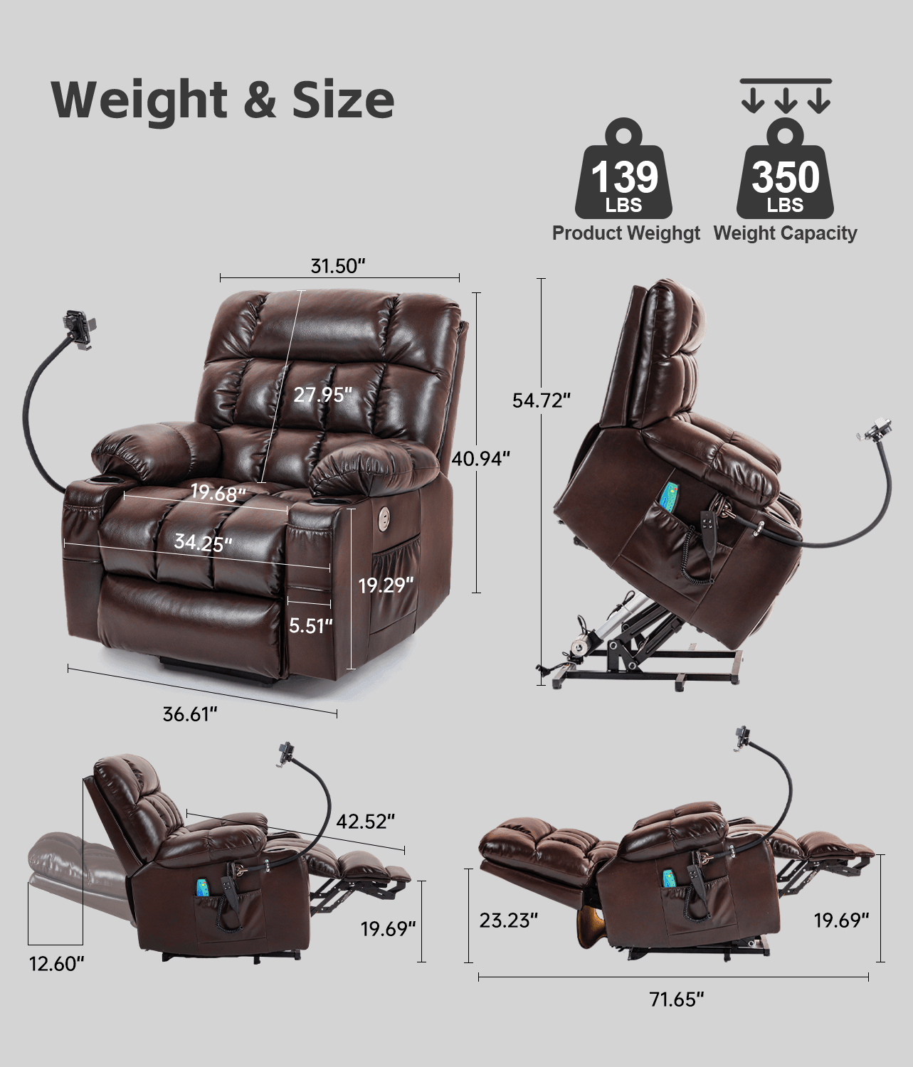 Leather Dual Motor Massage and Heat Lift Recliner for Everyone with Cup Holders, Wireless Charging and USB Ports | Infinite Position Recliner (Brown/Black) - Gardenjoy