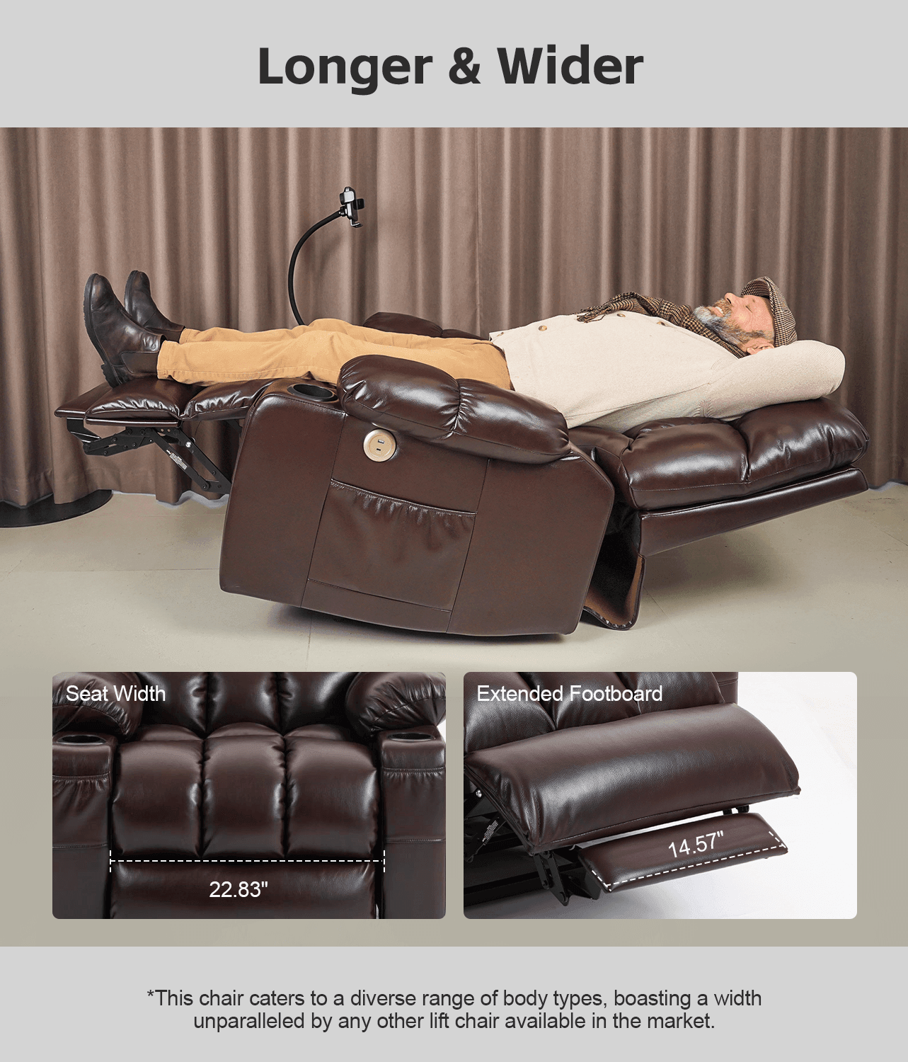 Leather Dual Motor Massage and Heat Lift Recliner for Everyone with Cup Holders, Wireless Charging and USB Ports | Infinite Position Recliner (Brown/Black) - Gardenjoy