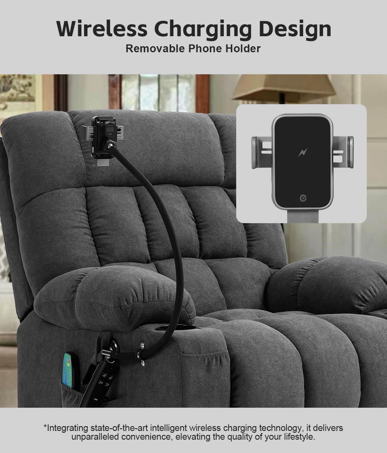 Fabric Dual Motor Massage and Heated Lift Recliner with Cup Holder, Wireless Charging and USB Port | Infinite Position Recliner (Brown/Gray) - Gardenjoy