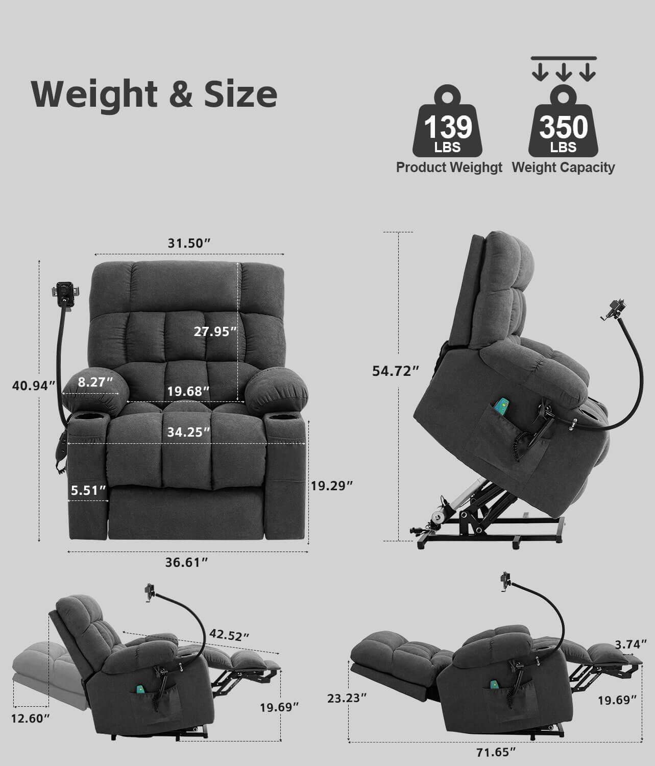 Fabric Dual Motor Massage and Heated Lift Recliner with Cup Holder, Wireless Charging and USB Port | Infinite Position Recliner (Brown/Gray) - Gardenjoy