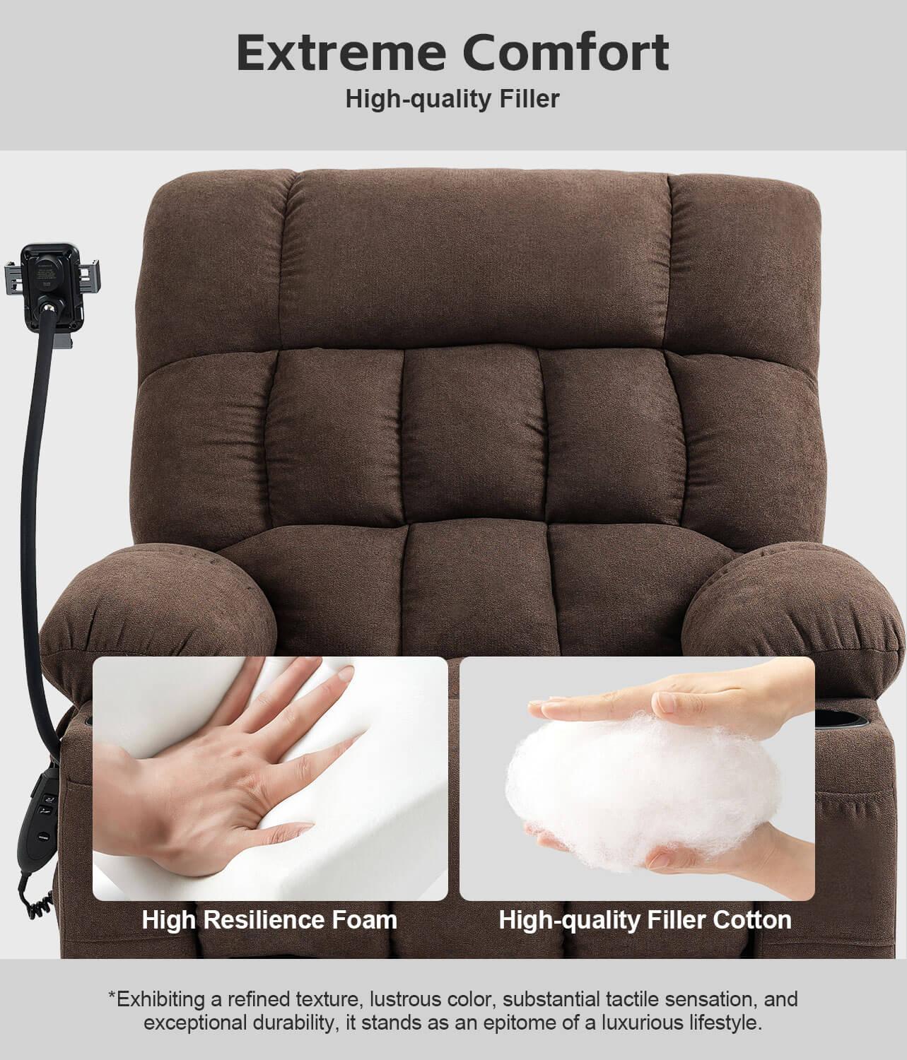 Fabric Dual Motor Massage and Heated Lift Recliner with Cup Holder, Wireless Charging and USB Port | Infinite Position Recliner (Brown/Gray) - Gardenjoy