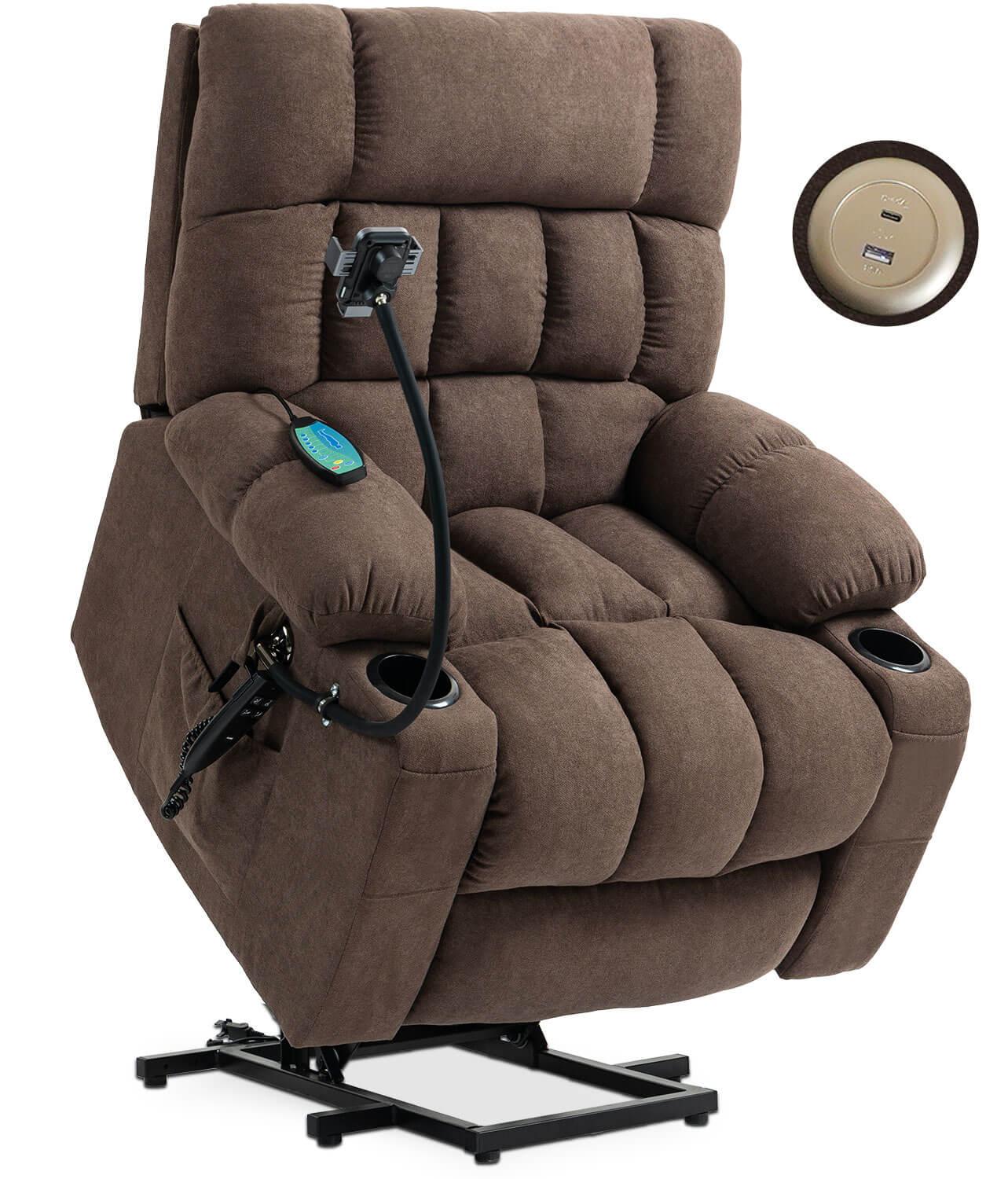 Fabric Dual Motor Massage and Heated Lift Recliner with Cup Holder, Wireless Charging and USB Port | Infinite Position Recliner (Brown/Gray) - Gardenjoy
