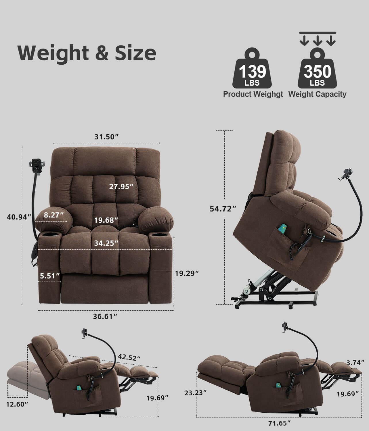 Fabric Dual Motor Massage and Heated Lift Recliner with Cup Holder, Wireless Charging and USB Port | Infinite Position Recliner (Brown/Gray) - Gardenjoy