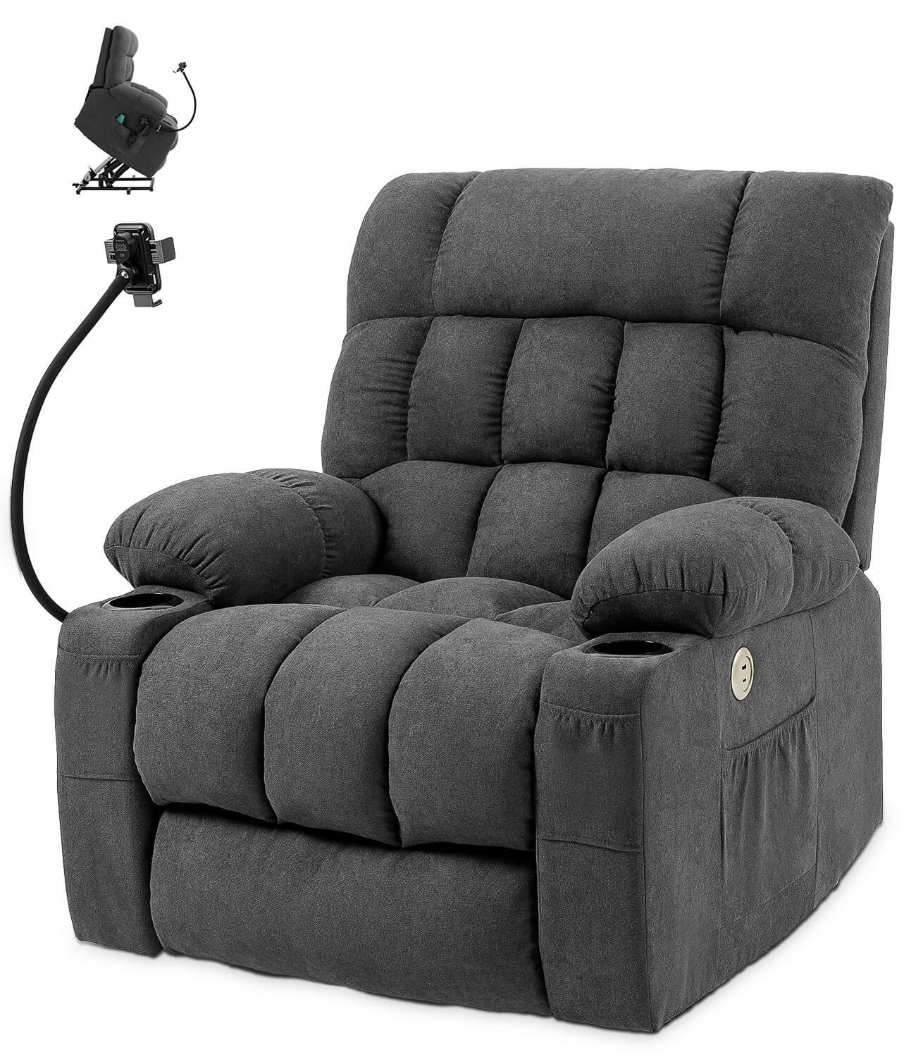 Fabric Dual Motor Massage and Heated Lift Recliner with Cup Holder, Wireless Charging and USB Port | Infinite Position Recliner (Brown/Gray) - Gardenjoy